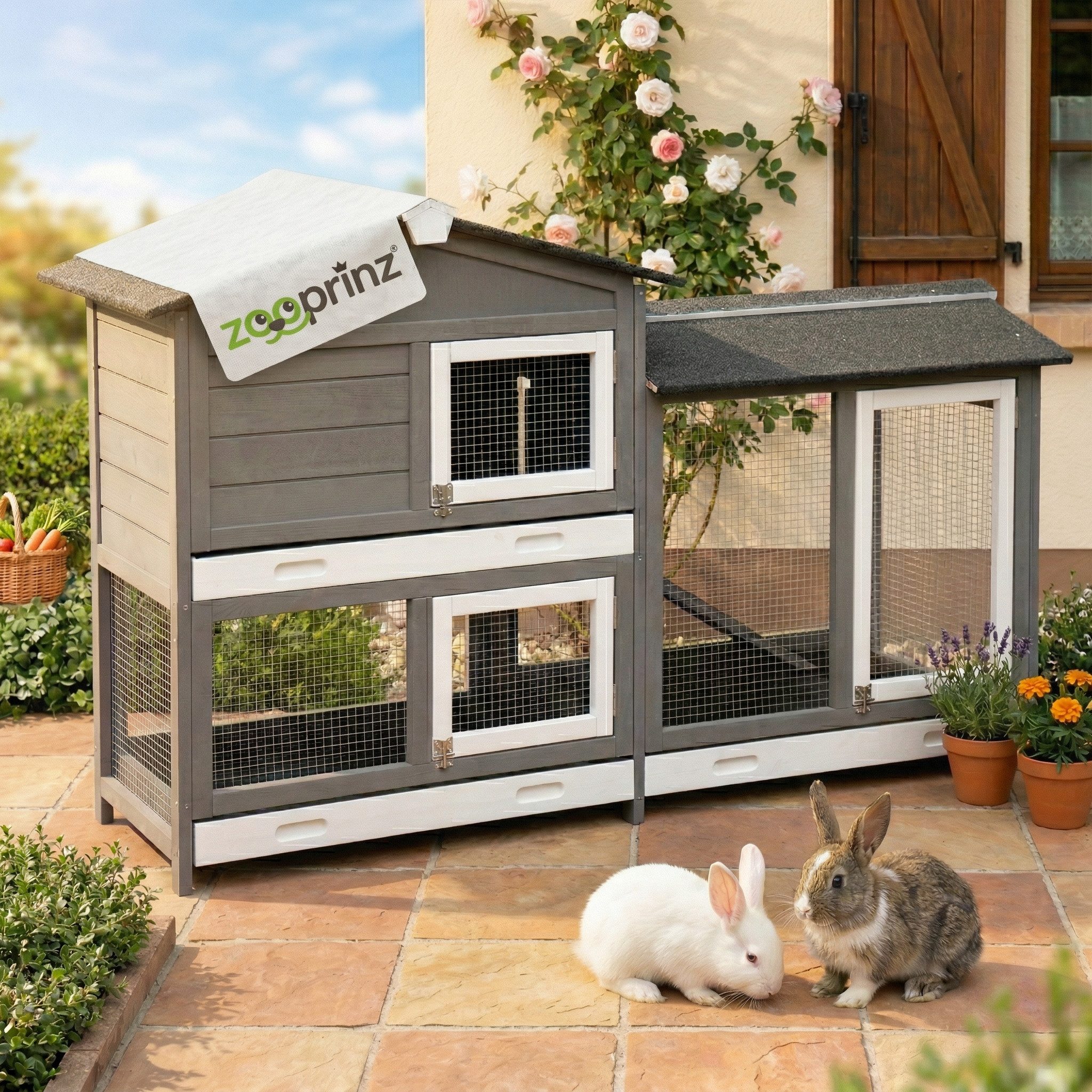 Zooprinz Kleintierstall Rudy mit Auslauf auf Stelzen 145x50x94 cm (BxHxT), Kunststoff Kotschubladen, Grau lasiertes Kiefernholz