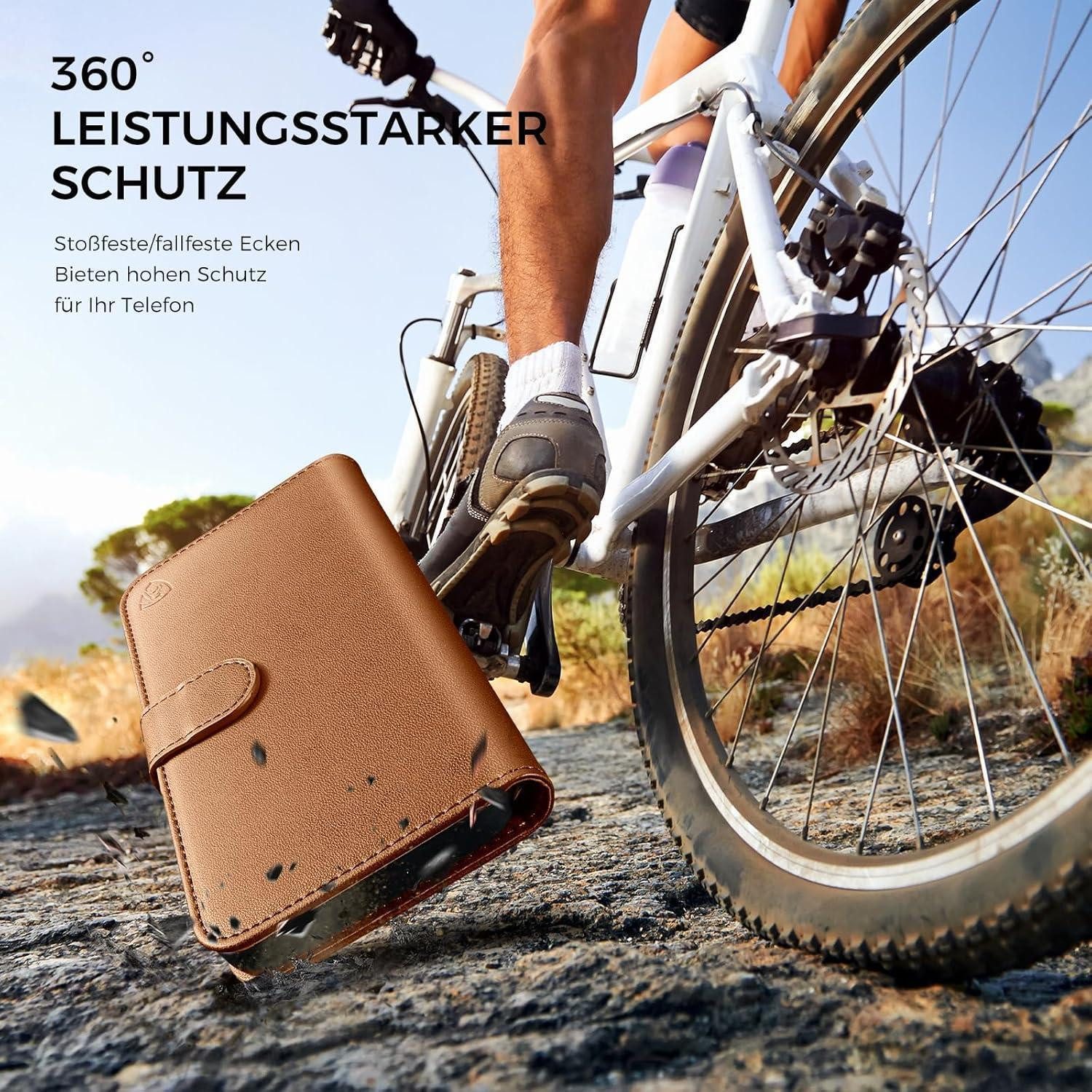 LuxusKollektion Flip Case Handyhülle für iPhone 14 Lederhülle mit Panzer Schutz Glas Braun