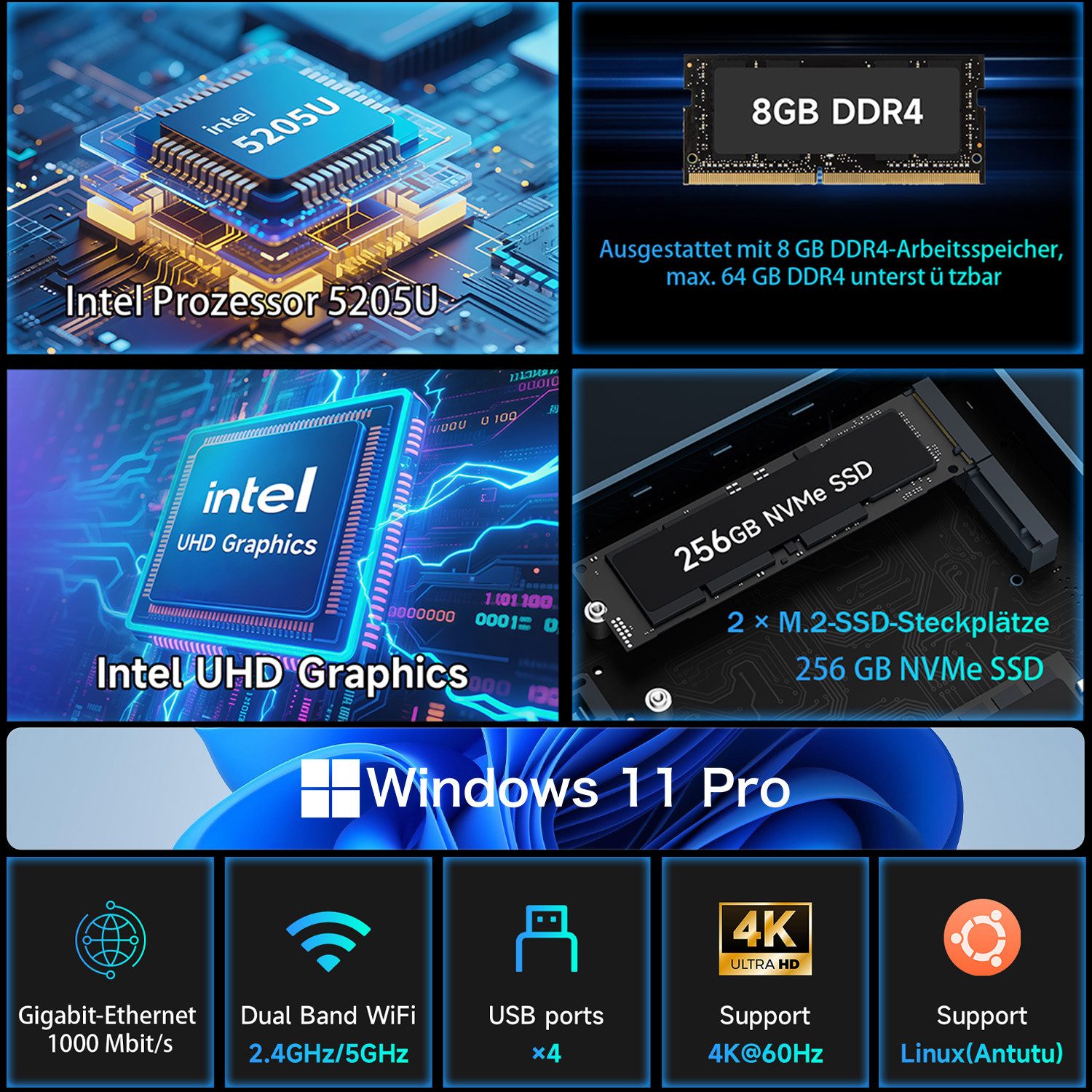 BMAX B2 Power mit Intel 5205U Prozessor, 8GB DDR4 RAM, 256GB NVMe SSD Mini-PC (Intel Intel 5205U, Intel® UHD Graphics, 8 GB RAM, 256 GB SSD, Win 11 Pro, 4K@60Hz, Dual-Band-WiFi)