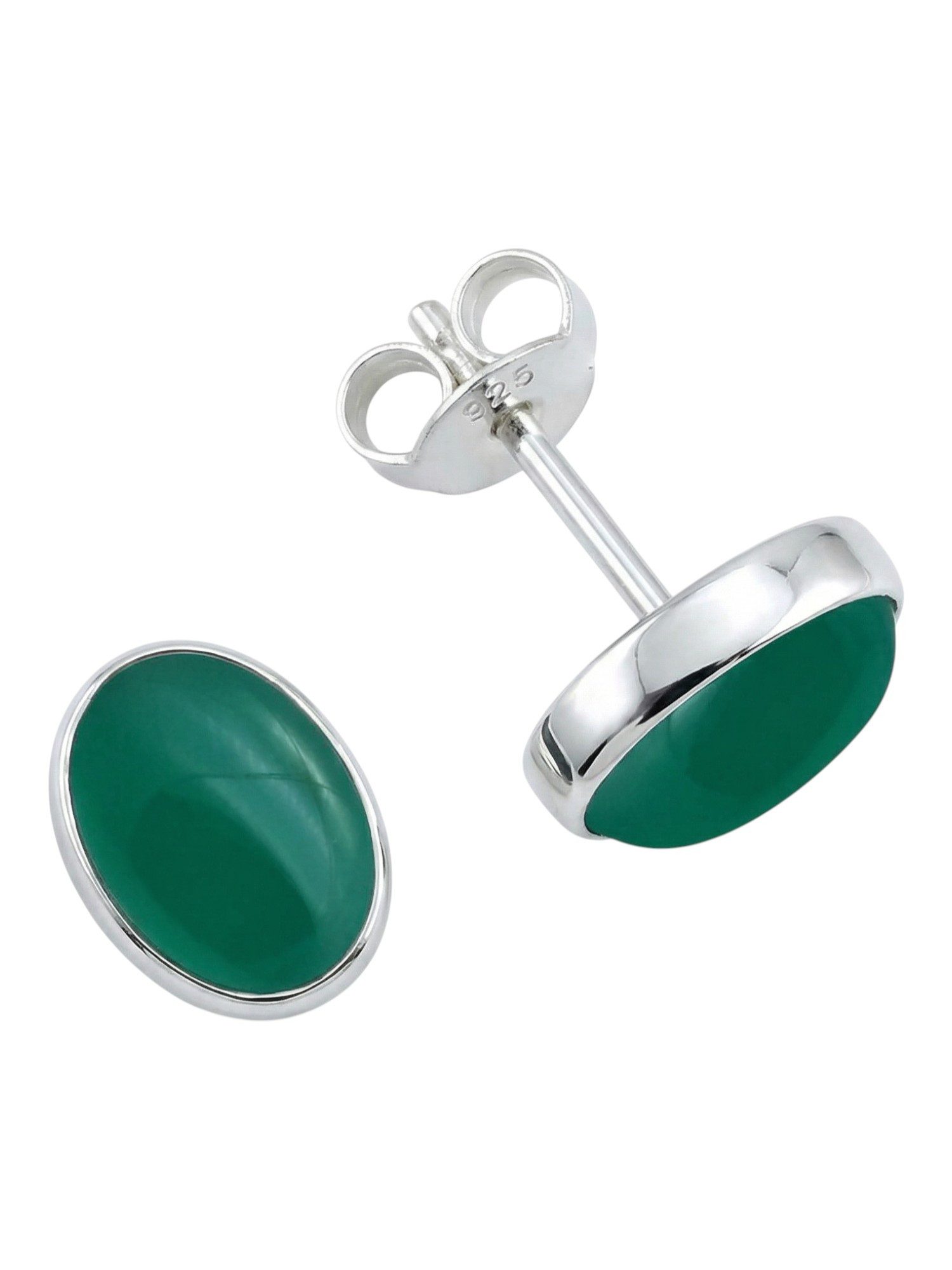 mantraroma Paar Ohrstecker SAMA oval aus 925 Silber mit grünen Onyx (Paar, Paar Ohrringe mit Schmuckbeutel), 925 Sterling Silber Ohrringe für Damen