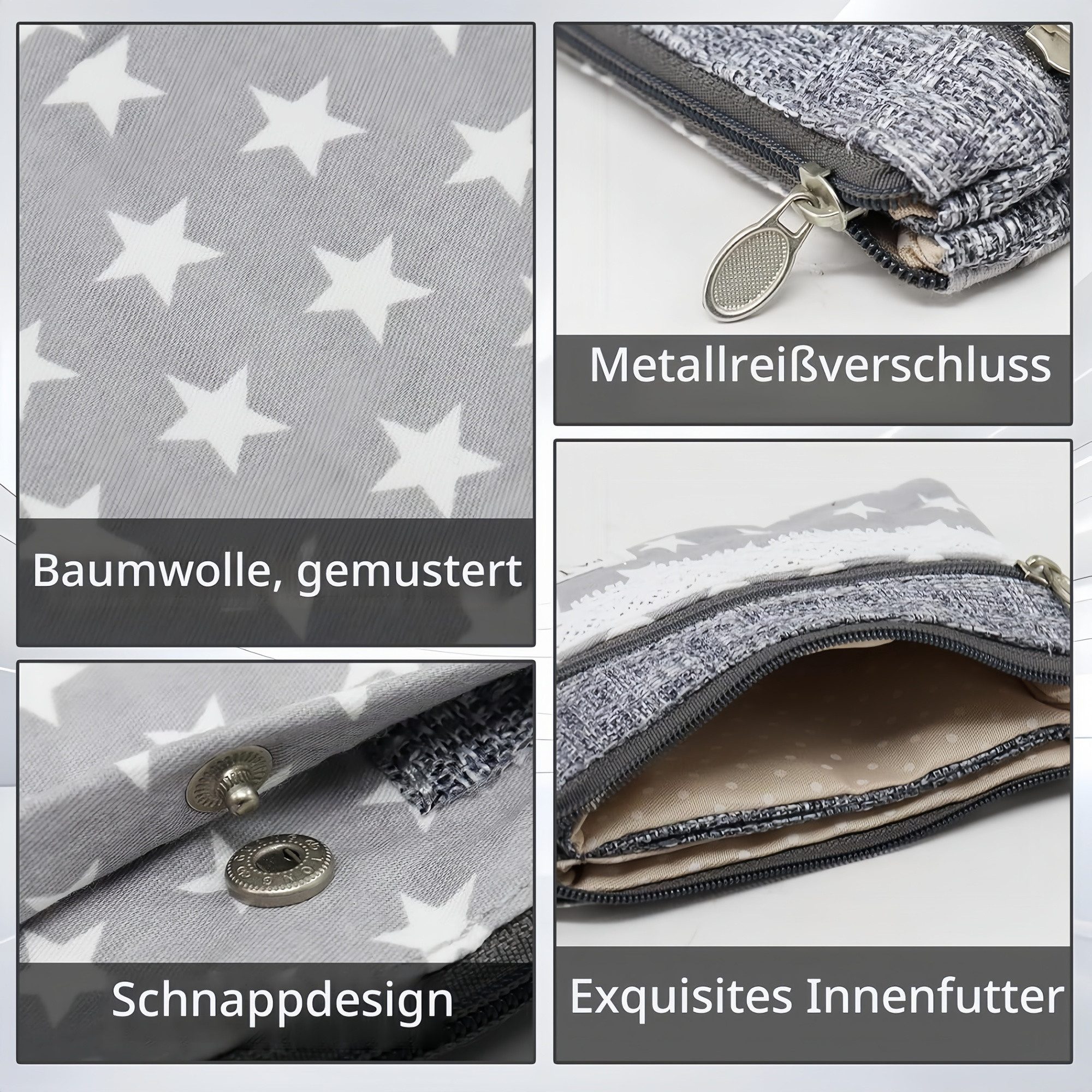 FOUORTUNATE-BEE Geldbörse Mini-Geldbörse Damen, 2 Fächer mit Reißverschluss, Boho-Stil, Mini-Portemonnaie in Hellgrau für Münzen, Bargeld und Karten – Bild 4 von 5