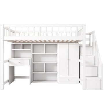 PHOEBE CAT Hochbett (Etagenbett) Kinderbett mit Schreibtisch, Kleiderschrank und Treppe, 90*200 cm