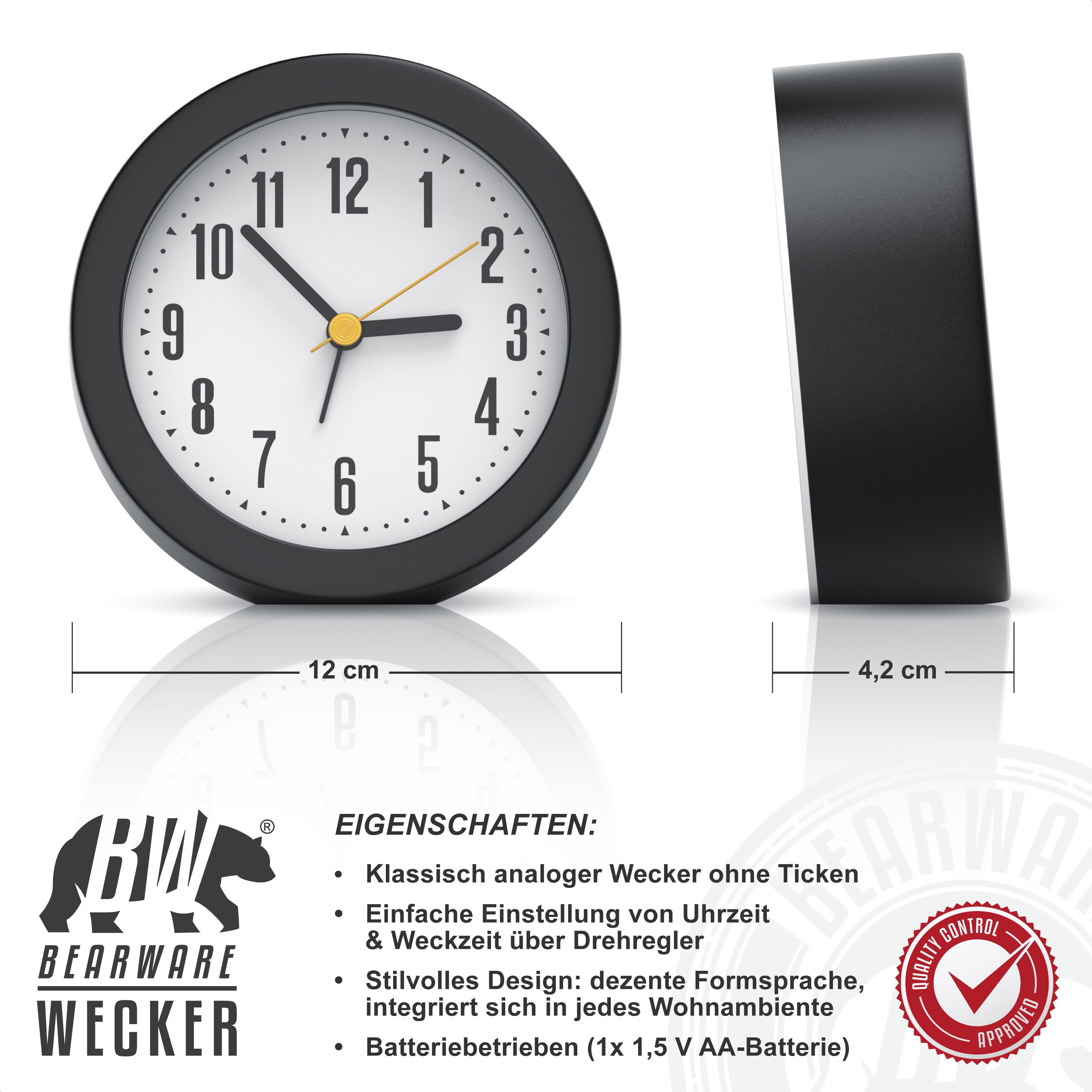 BEARWARE Wecker rund, lautes Klingeln, großes Ziffernblatt, ohne Ticken Bat günstig online kaufen