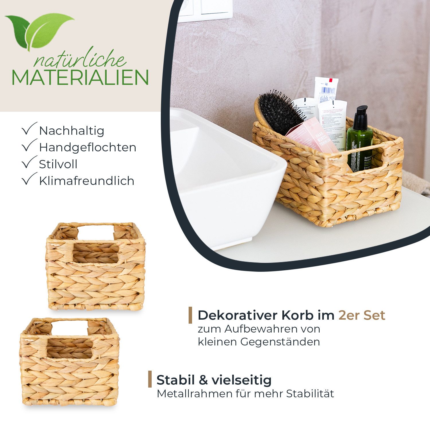 HMF Aufbewahrungskorb Aufbewahrungskorb Wasserhyazinthe, Korb mit Griffen zur Aufbewahrung (2 St., 2er Set), für Badezimmer Küche und Wohnbereich, Größe S, 22 x 17 x 12 cm, Natur