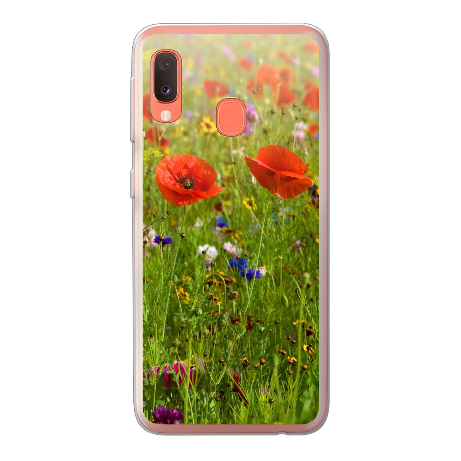 MuchoWow Handyhülle für Samsung Galaxy A20e Frühling - Blumen - Rot - Mohn - Gras - Grün, Smartphone-Bumper, Print, Handy Schutzhülle Dünn