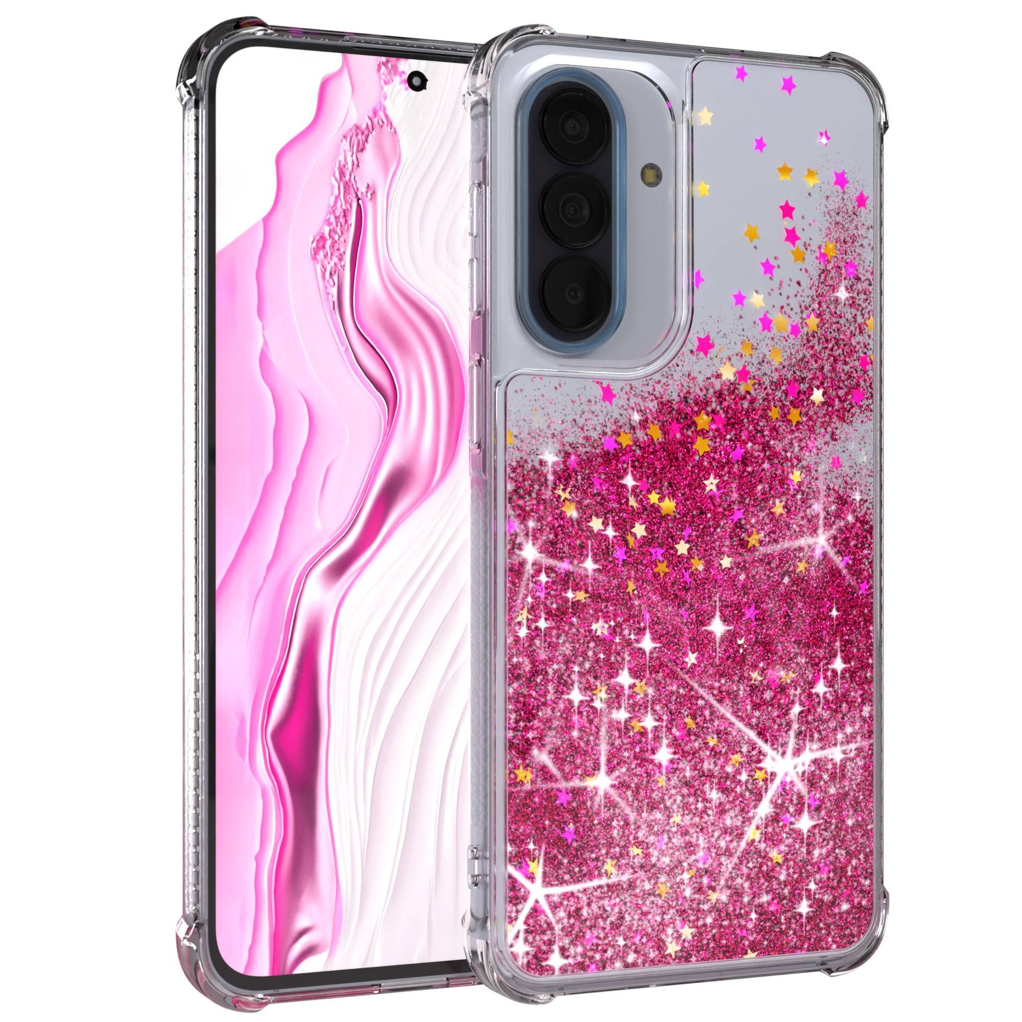 EAZY CASE Handyhülle Liquid Glittery Case für Samsung Galaxy A57 6,7 Zoll, Glitzerhülle Shiny Slimcover stoßfest Durchsichtig Bumper Case Pink