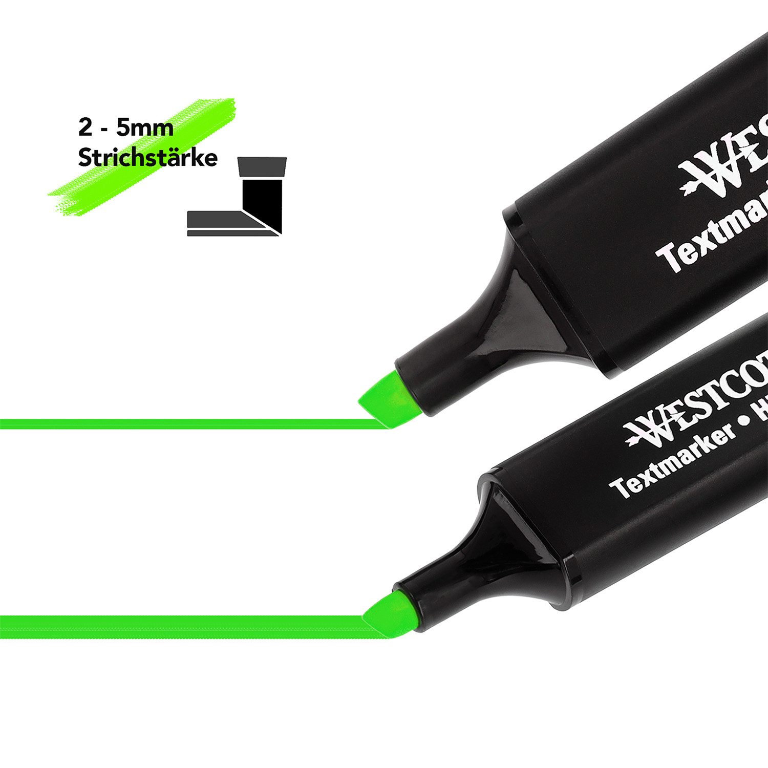 WESTCOTT Marker Textmarker 4 Stück Mix, Highlighter in 4 leuchtenden Farben, (Vorteilspack, 4-tlg., Grün, Gelb, Orange, Pink), 2-5 mm Strichstärke, Premium Tinte aus Deutschland