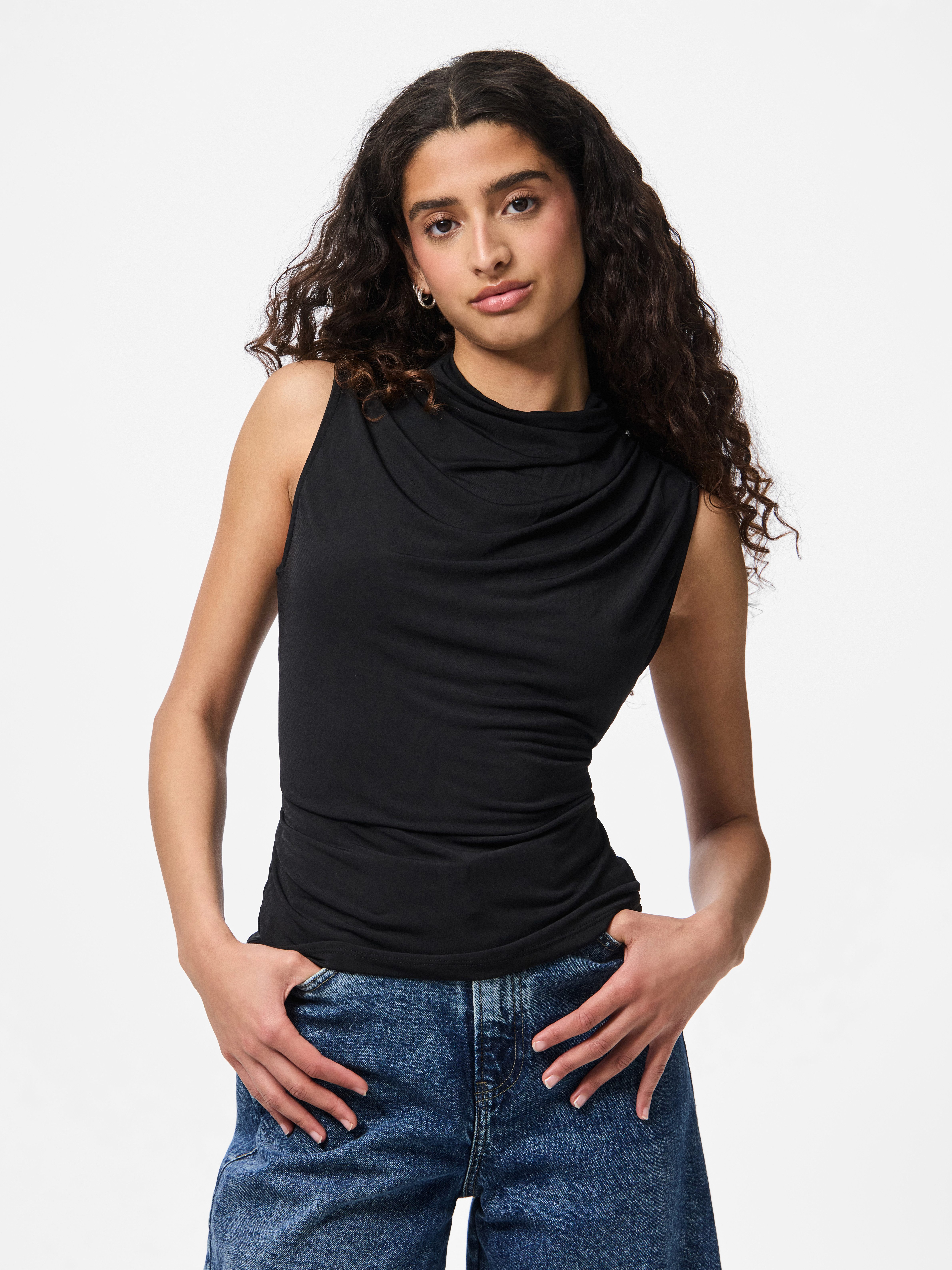 pieces Stehkragenshirt PCMADISON SL DRAPED TOP NOOS BC Materialmix, slim fit