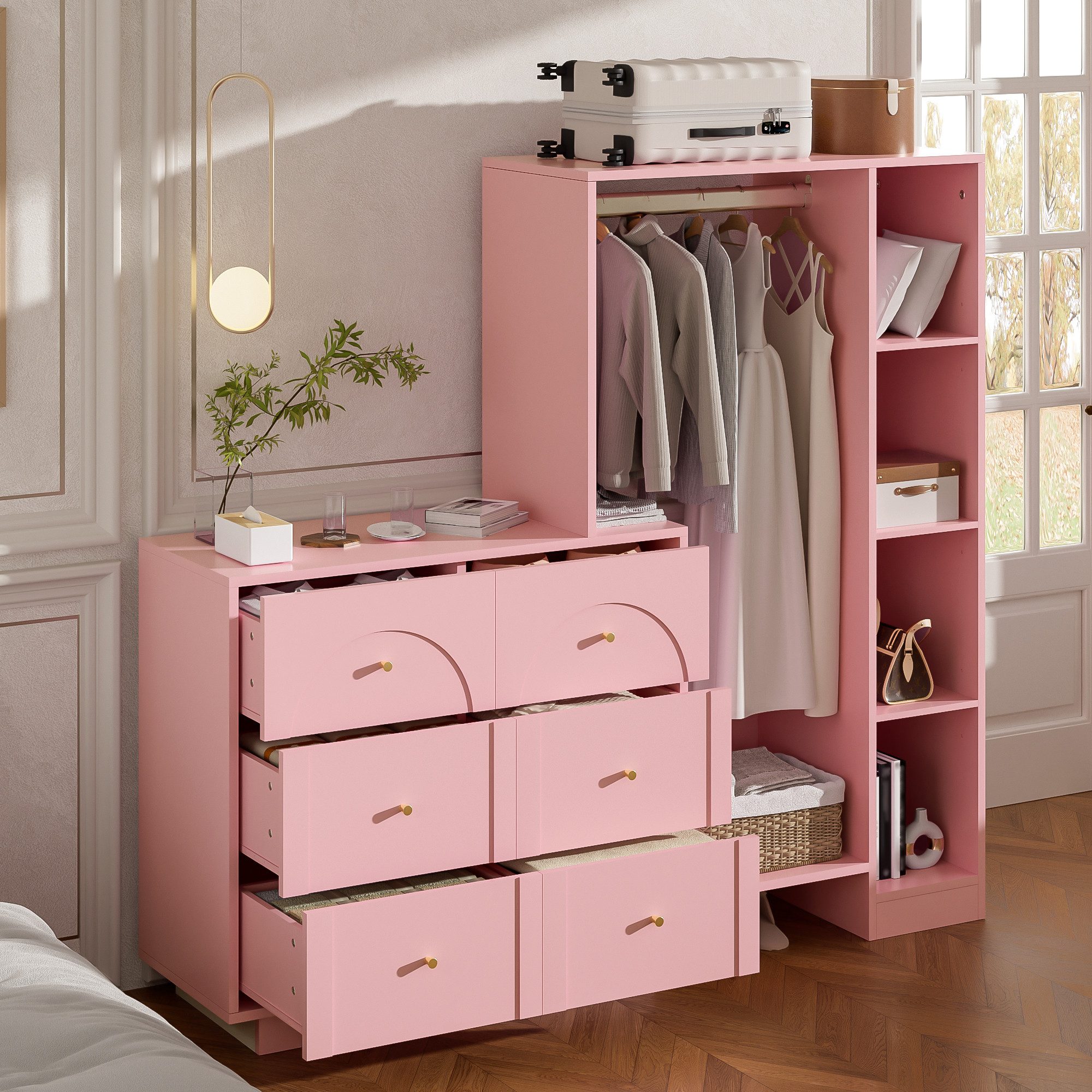 Odikalo Kleiderschrank Schrank Schlafzimmerschrank Kommode mit Schubladen Seitenregalen (Moderner Mehrzweck-Kleiderschrank offene Garderobe mit Kleiderstange 6 Schubladen und Seitenregalen Schlafzimmer-Aufbewahrungsschrank, Rosa 139 × 35 × 133 cm)
