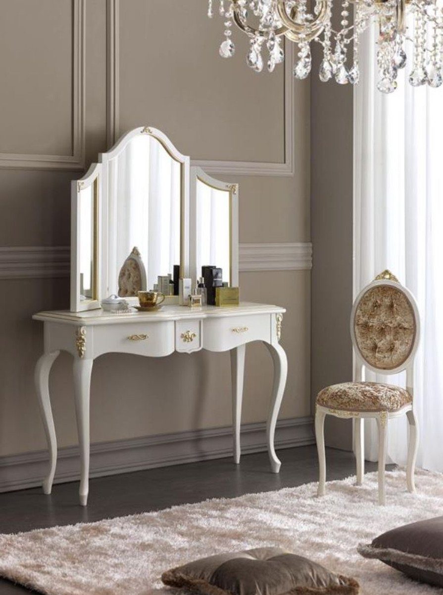 Casa Padrino Barockspiegel Konsolentisch Set Weiß Luxus mit / Gold Schlafzimmer und Möbel Spiegel Damenstuhl - Barock / - Braun Luxus Eleganter Spiegelkonsolen Barock