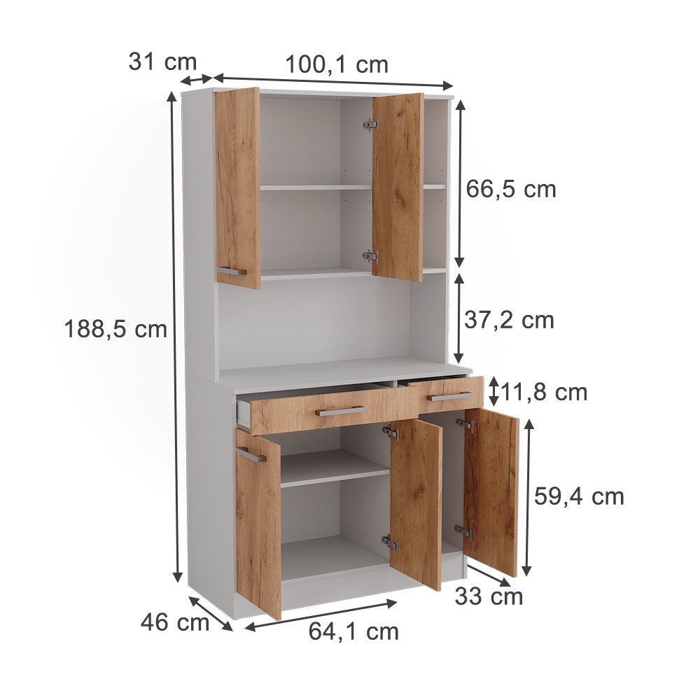 Vicco Hochschrank Raul, Weiß/Goldkraft Eiche, 100.1 x 188.5 cm mit 5 Türen & 2 Schu... (1-St)