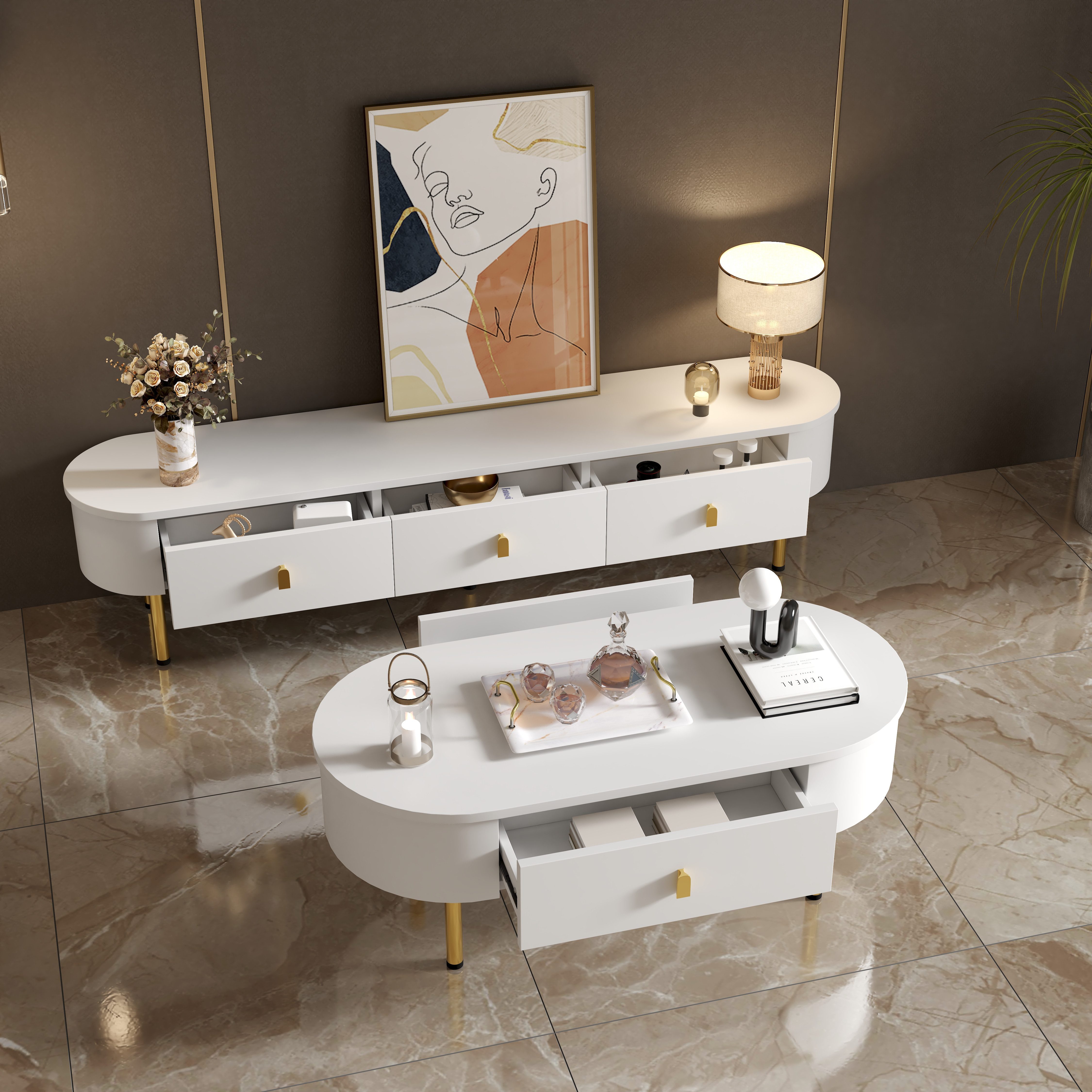 MODFU Wohnzimmer-Set aus massivem MDF, (Weiß und Gold, 2-St., geschwungenen Kanten), mit goldenen Griffen und Beinen