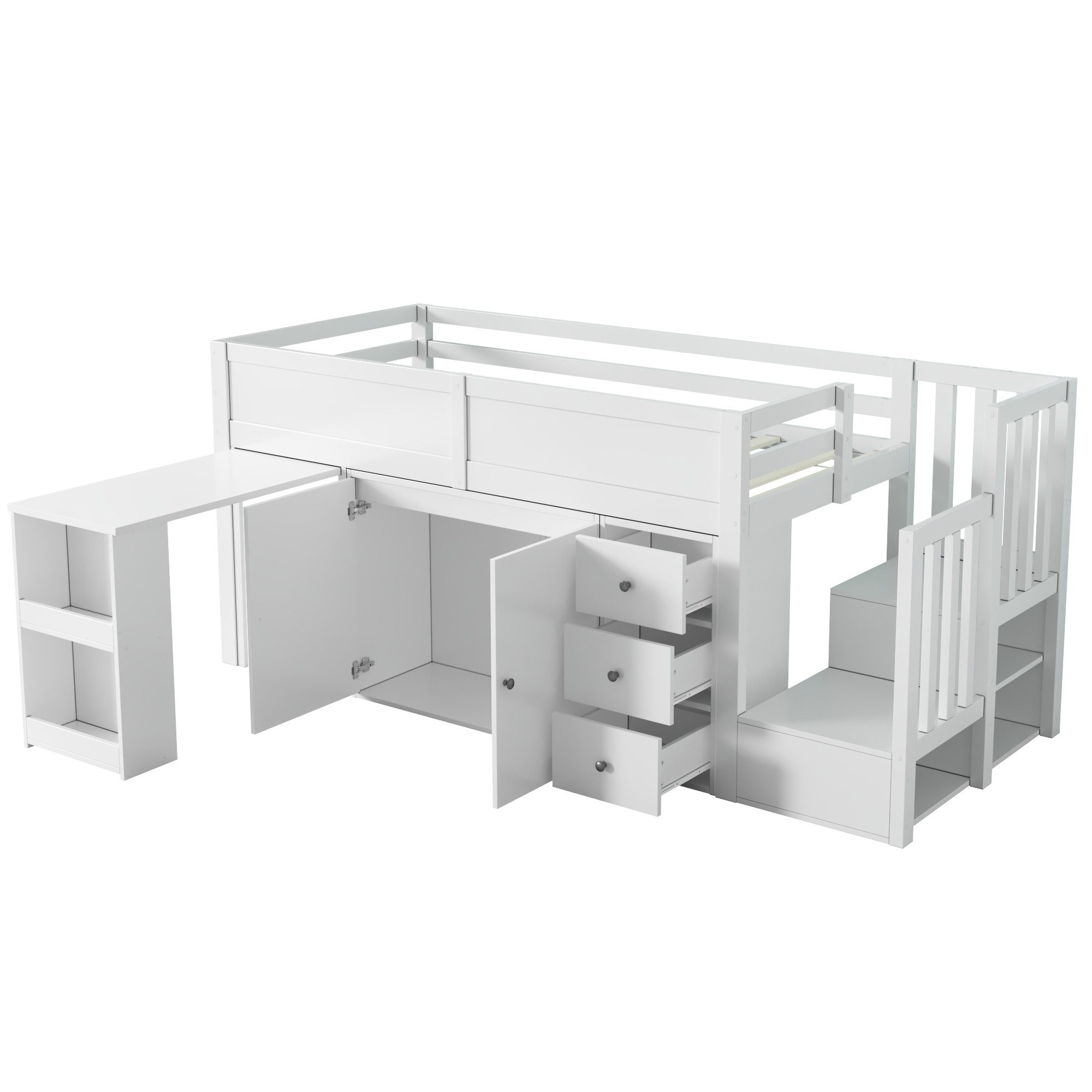Fanttik Hochbett Kinderhochbett mit Ausziehbarem Schreibtisch Und Seitlichem Ablagefach (2 set, Bett, mit Leiter und Schubladen) mit Schrank, Mit Schublade, Mit Treppe Und Treppenschrank
