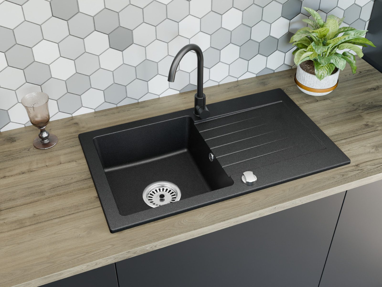 Faizee Möbel Granitspüle Faizee Home Granit Einbauspüle 75×43,5 cm Spülbecken mit Siphon-Set, Eckig, 75/43.5 cm, Granitspüle in 5 Farben – Mattschwarz, Schwarz Gesprenkelt, Grau, Beige, Weiß, (Spüle mit Siphon-Set, 1 St., Spüle inklusive Siphon-Set und Ab