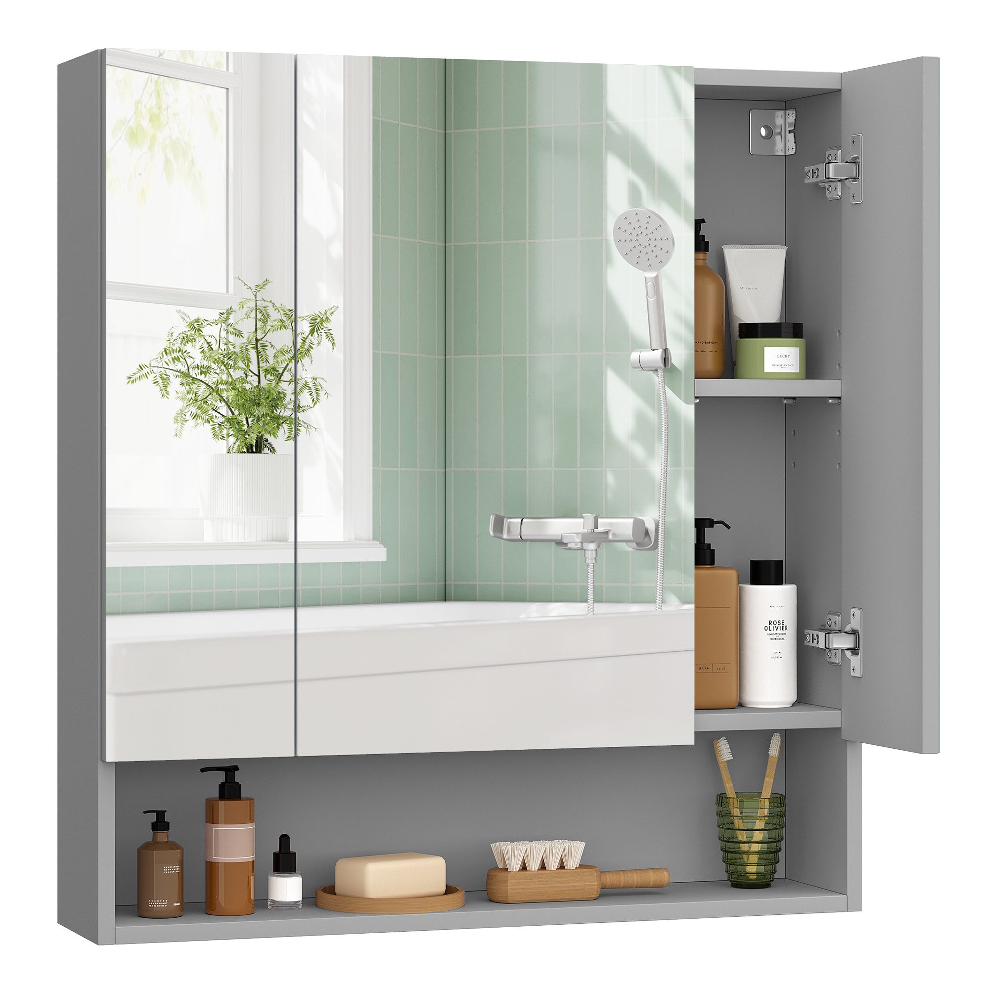 VASAGLE Spiegelschrank Badschrank Breite 70-90cm, mit 3 Türen, offenes Fach, verstellbare Ablagen