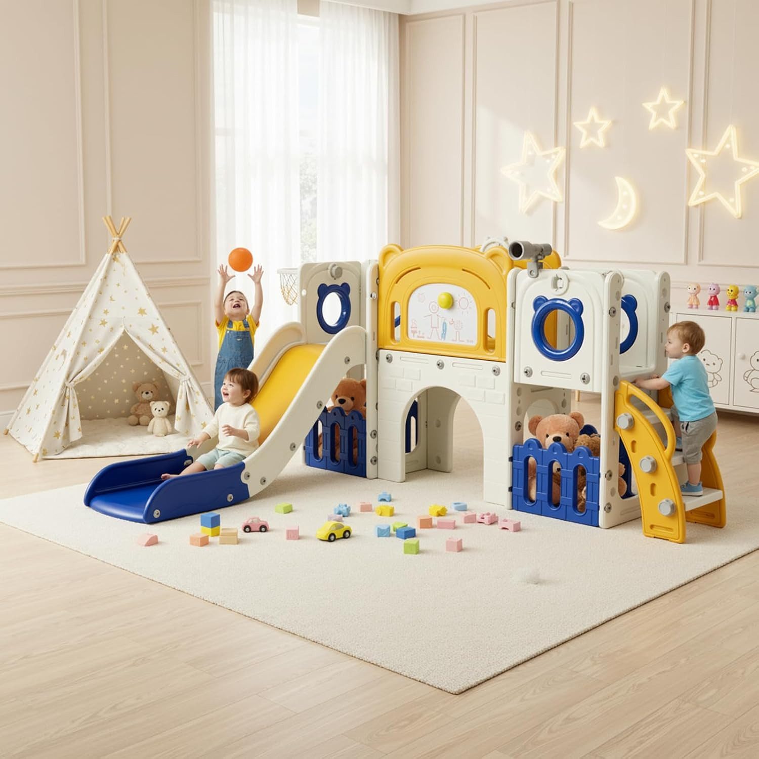 TLGREEN Rutsche Kletterspielzeug für Kinder Indoor Outdoor, (10-in-1 Klettergerüst mit Rutsche, Basketballkorb & Maltafel – Tragkraft 60kg), Sicher & Stabil für Garten, Wohnzimmer, Kindergarten