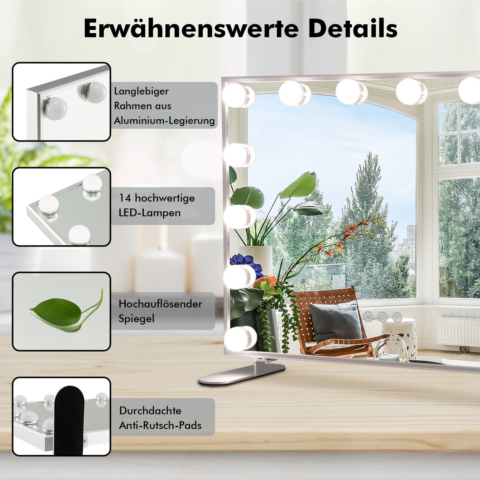 COSTWAY LED-Lichtspiegel, 2-in-1 Tischspiegel & Wandspiegel, 3 Lichtfarben