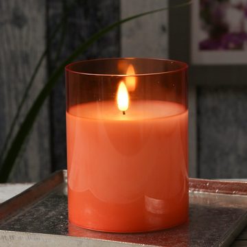 MARELIDA LED-Kerze Windlicht im Glas Echtwachs flackernd Timer H: 12,5cm rund orange