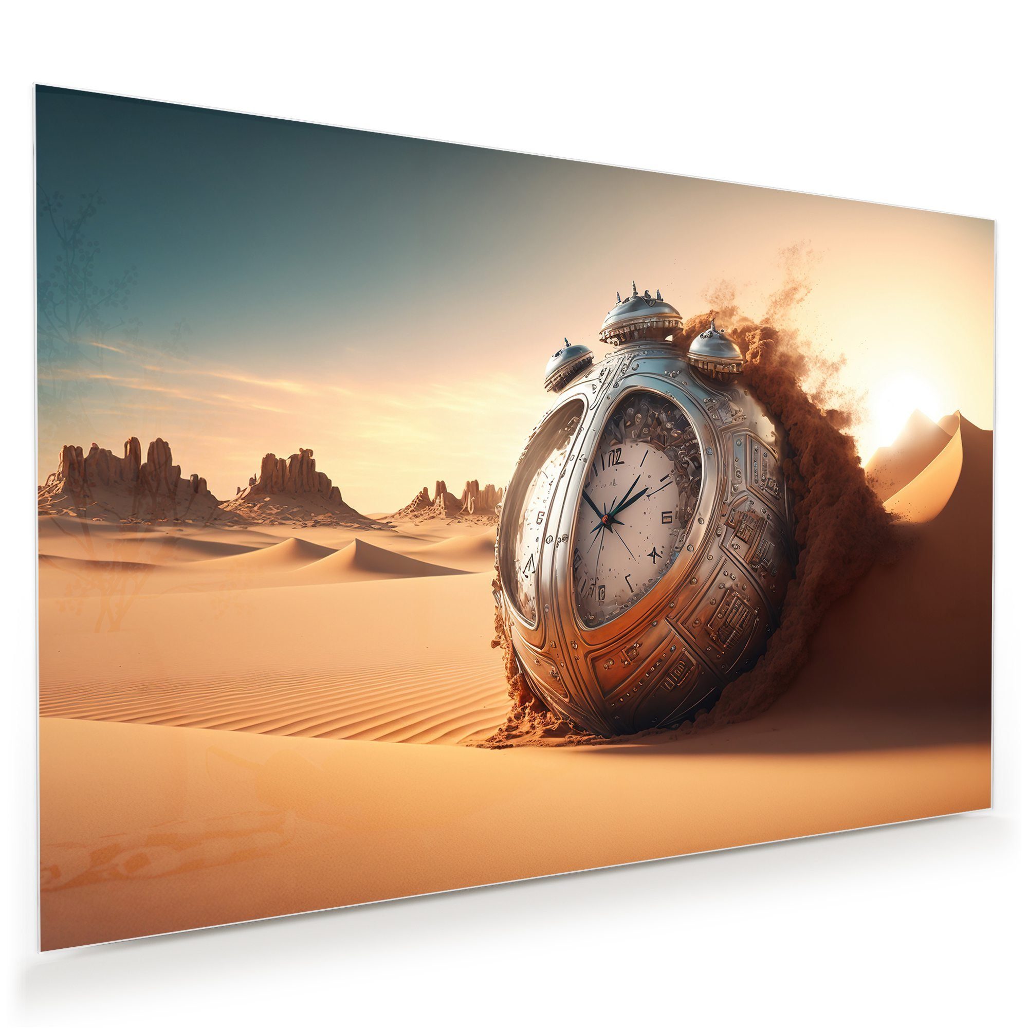 Primedeco Glasbild Wandbild Zeitkonzept, Uhr Aufhängung, mit Wüste, Vintage