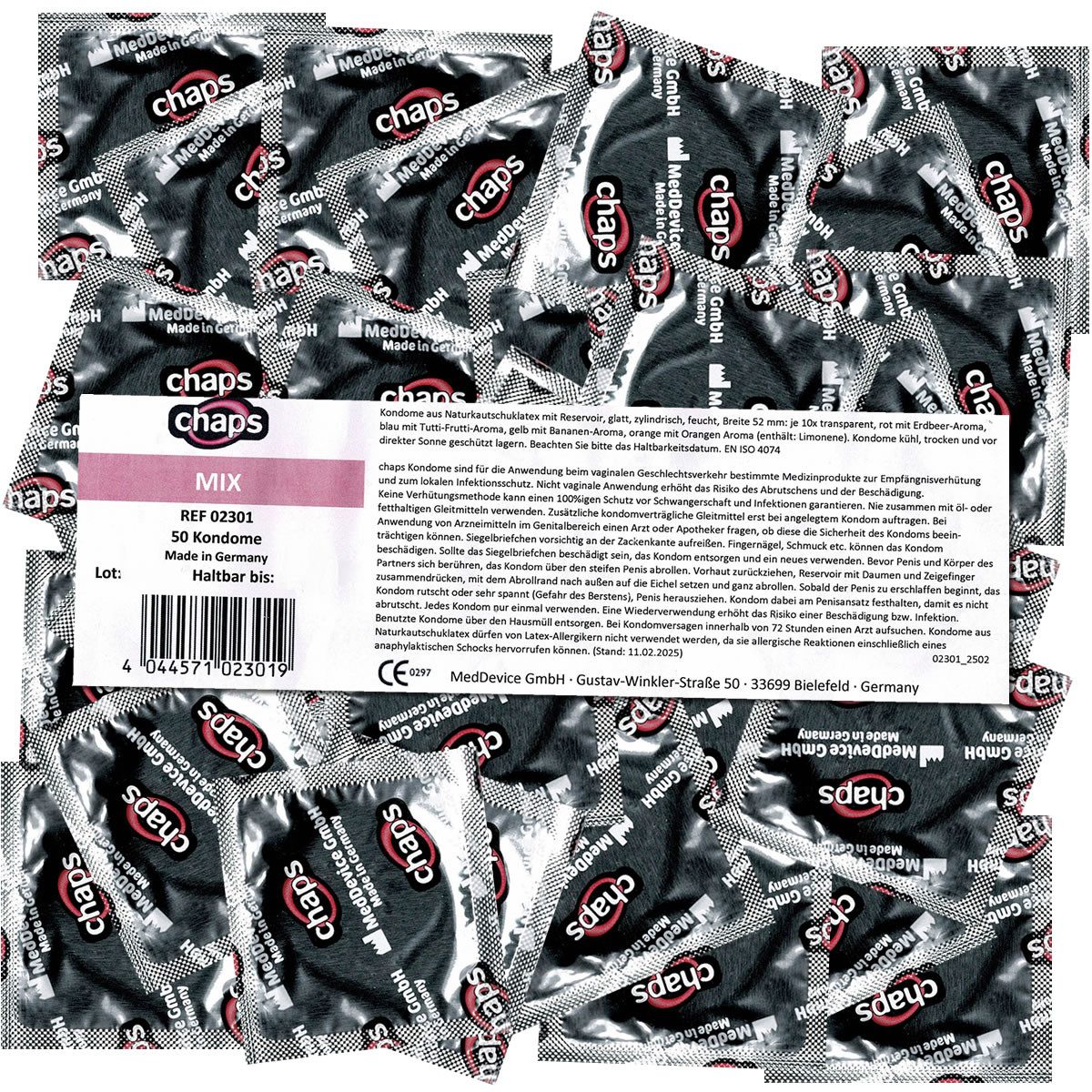 Chaps Kondome Top Mix Vorratsbeutel mit, 50 St., farbige Kondome mit Duft, fruchtige Kondome für maximale Abwechslung