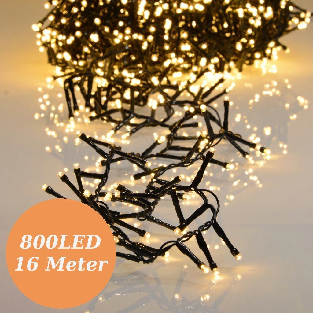 INtrenDU LED-Lichterkette Lichterkette warmeiß 800LED 16m, mit itegriertem Timer, Beleuchtungsprogrammen und Memoryfunktion
