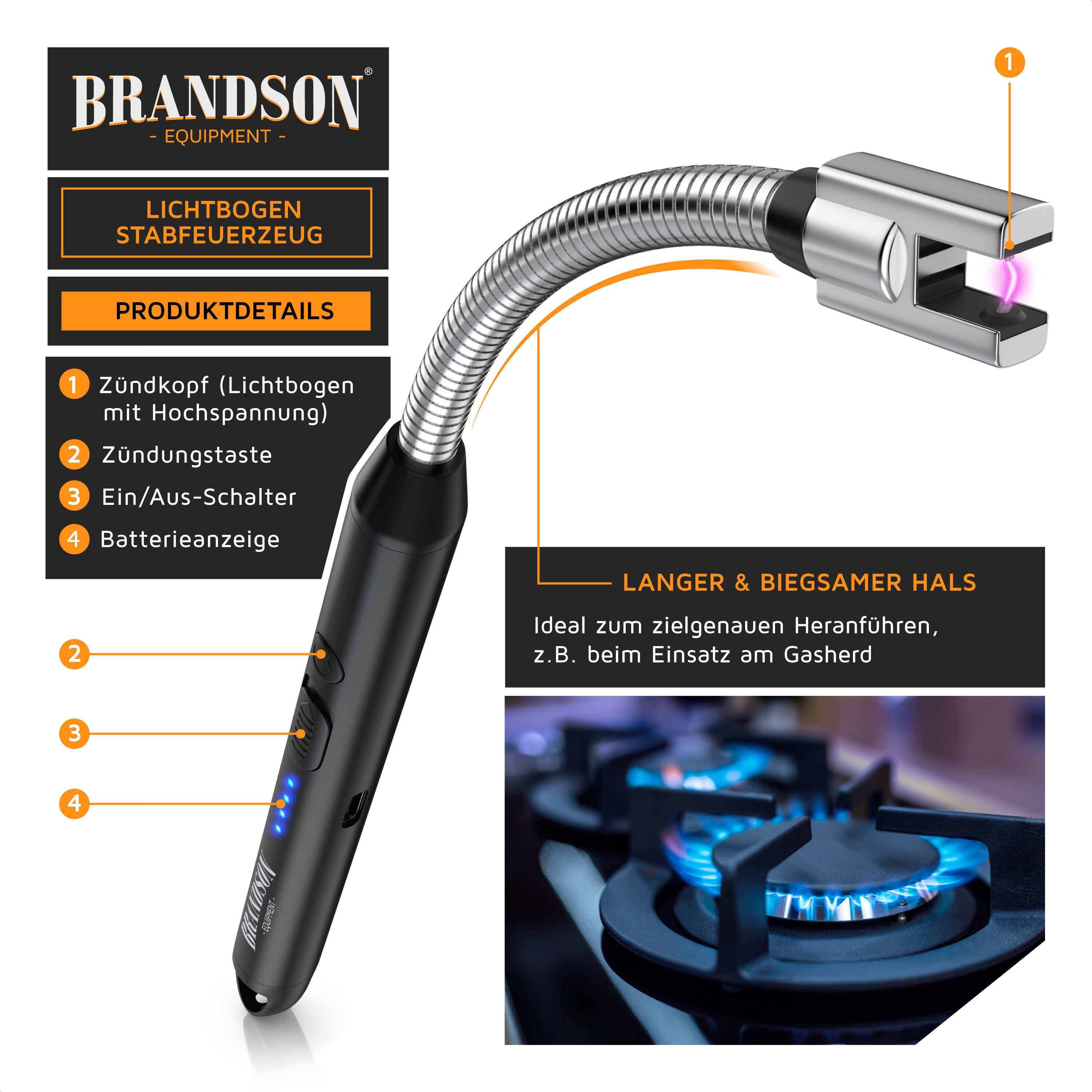 Brandson Feuerzeug 2er Set Lichtbogen Feuerzeug elektrisch USB schwarz-silber (2-St), USB-C aufladbar, flexibler Hals für, Kerzen, Gasherde, Grill, Kamin – Bild 4 von 5