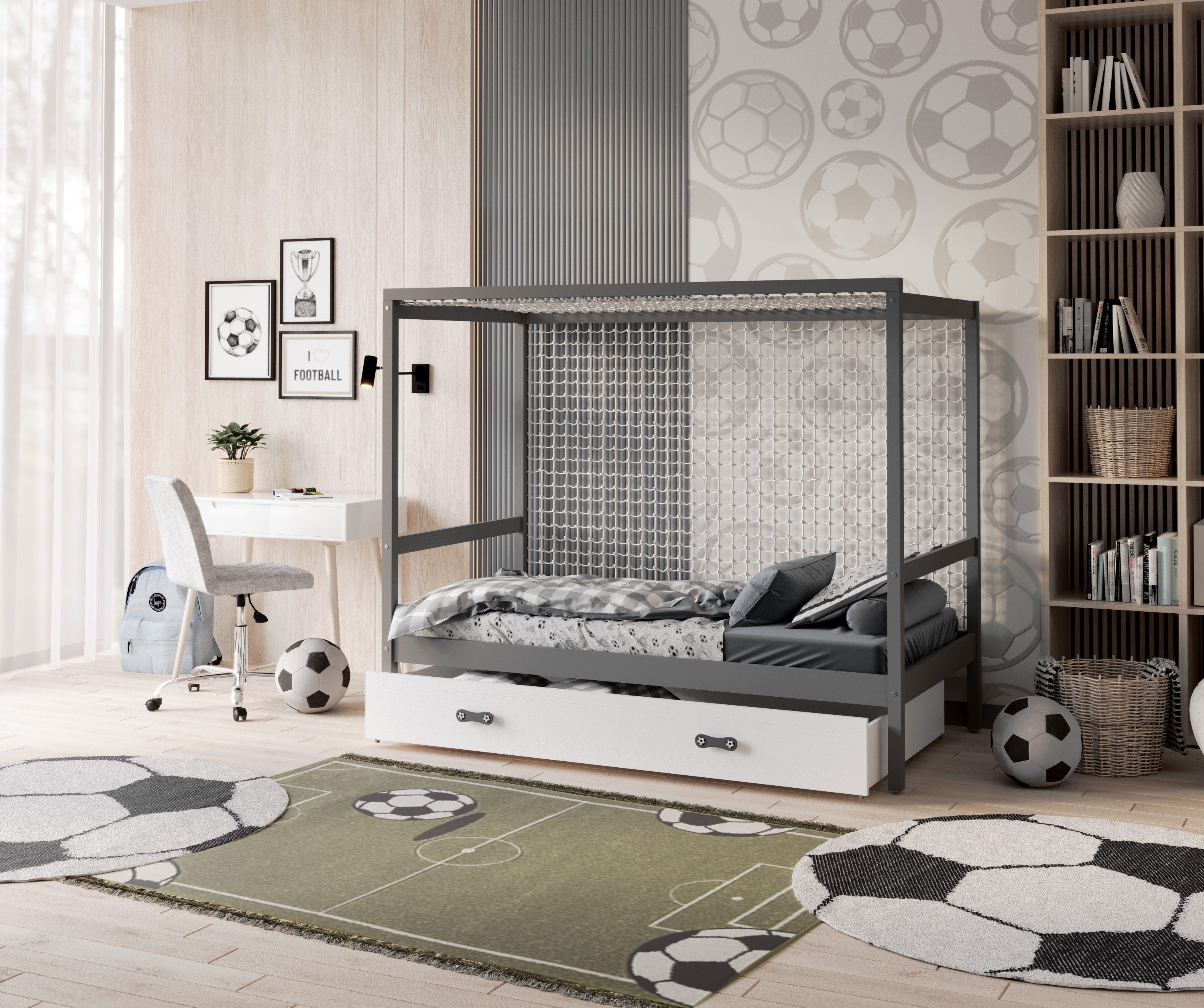 AJKmeble Jugendbett Fussball Fußball Tor ohne Netz Kinderbett 80x160cm Natur oder Grau (MADE IN EU - mit Schublade für Jungen oder Mädchen, Kinderbett Einzelbett mit Stauraum), aus Kiefernholz gefertigt