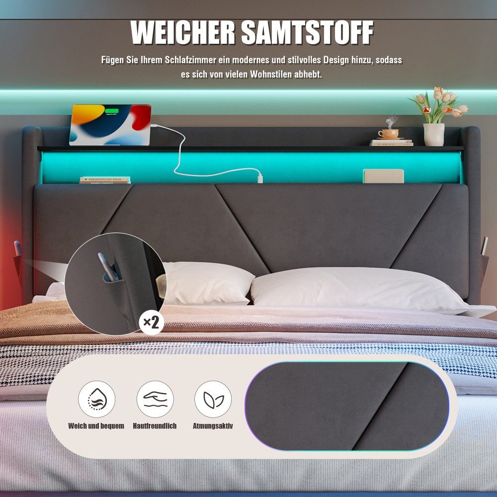 TavilaEcon Boxspringbett Modernes Polsterbett mit Stauraum im Kopfteil und LED-Beleuchtung (1-St), mit Lattenrost, USB- und Type-C-Anschlüsse – Bild 5 von 5