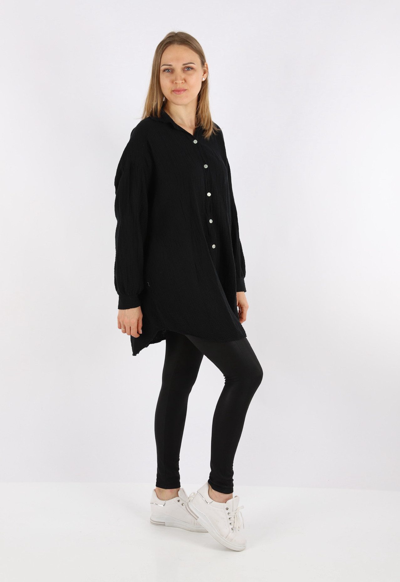 HELLO MISS Blusenkleid Beliebte Musselin Oversize Bluse in Lang, Baumwolle Hemd, Sommer Bluse in Unifarbe