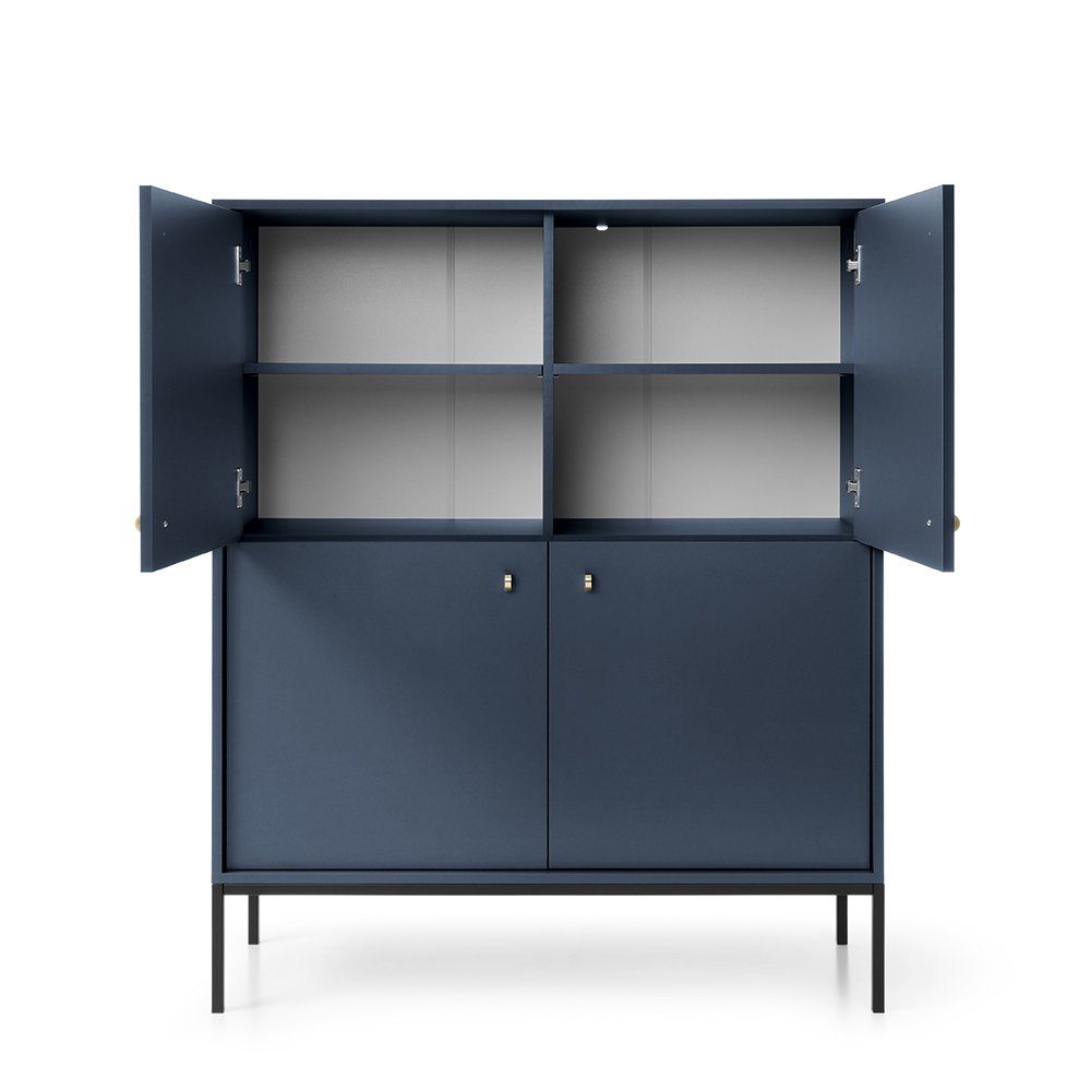 Lomadox Highboard MALAGA-160, in marineblau, Fußgestell schwarz, goldene Griffe