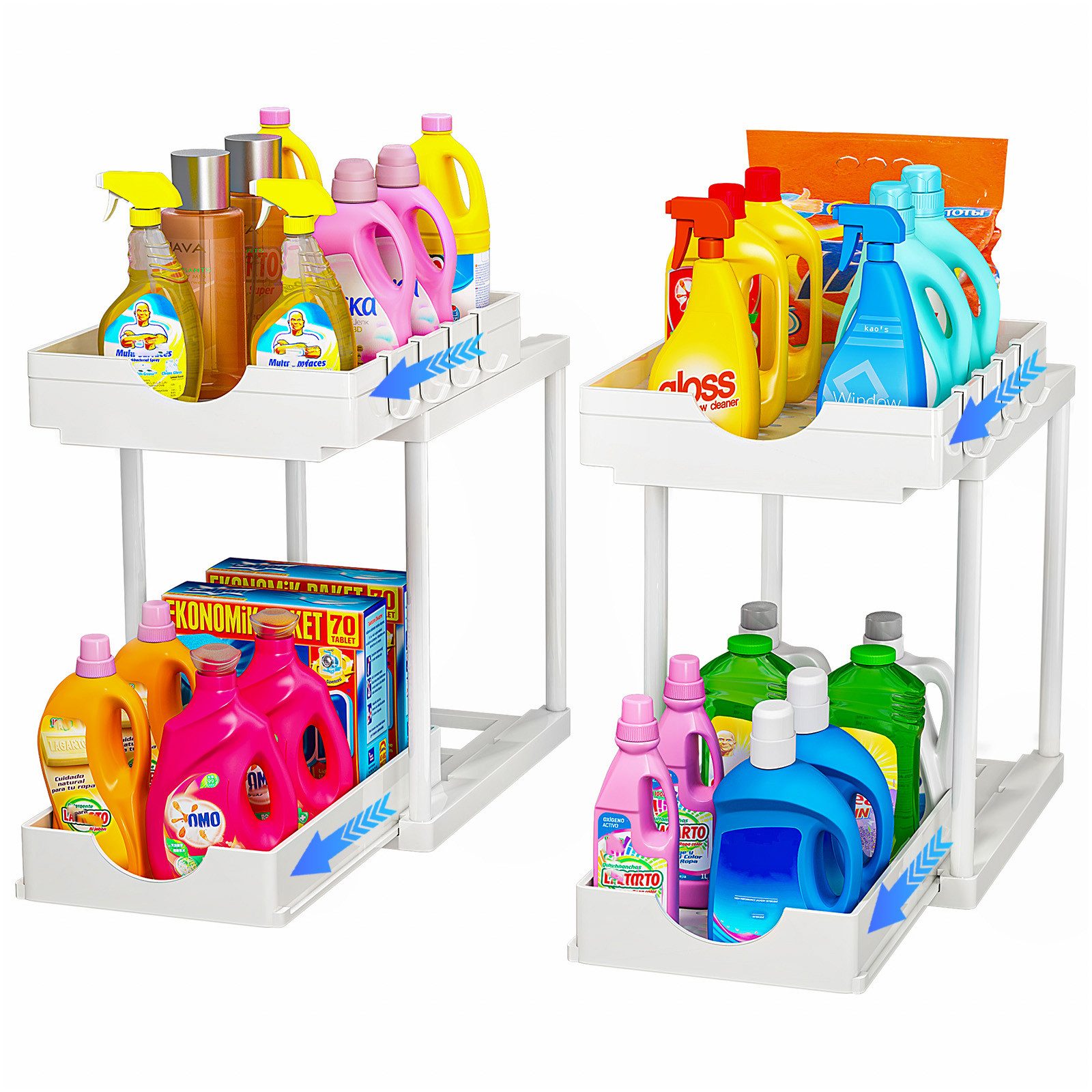POPOLIC Einlegeboden 2 Stück Ablageregal Waschbecken Regal, Spülschrankregal Organizer (Ausziehbarer Unterschrankorganizer, Küchenschrank Organizer), pülenunterschrank Organizer