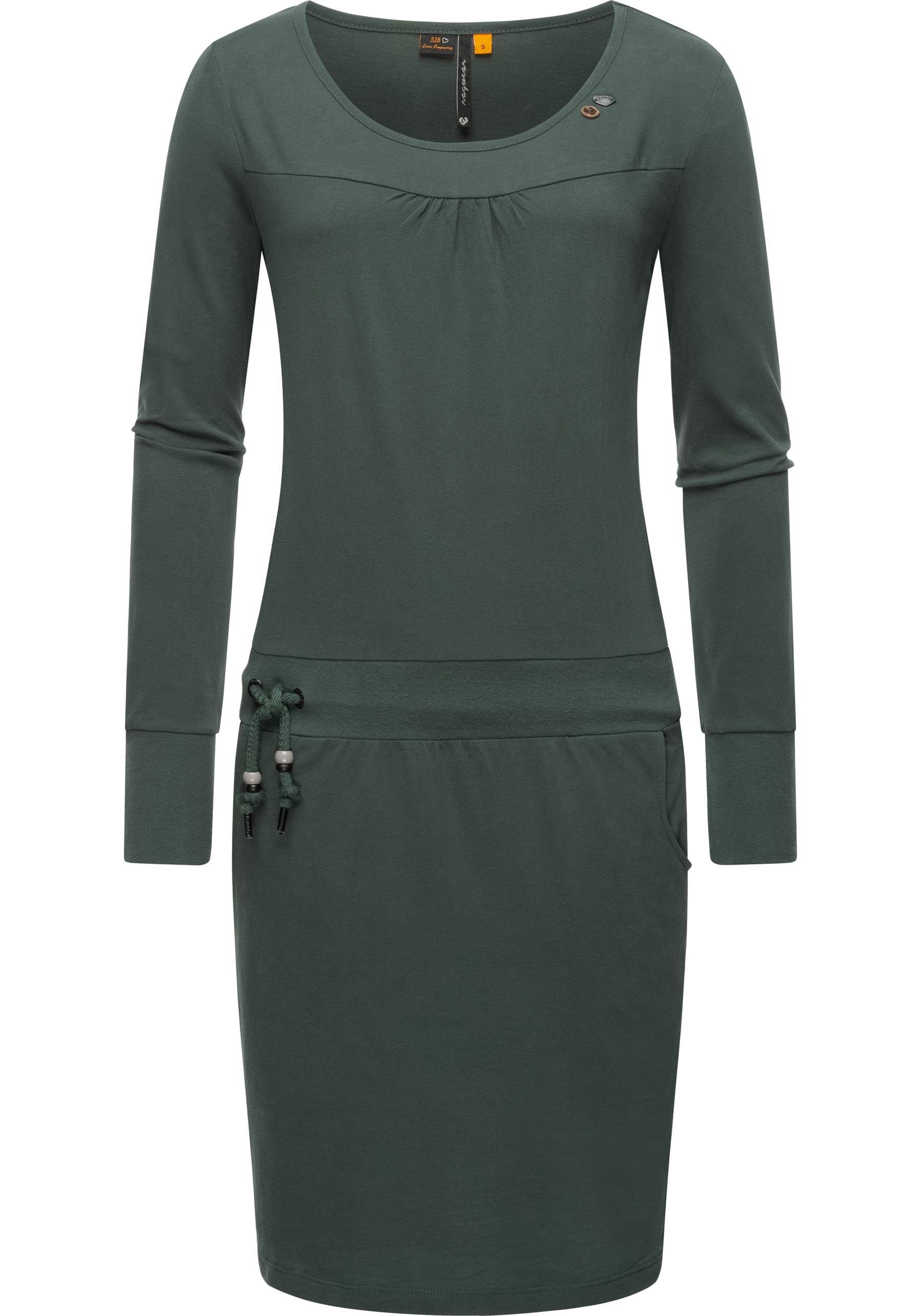 Ragwear Jerseykleid Penellope Langärmliges Damen Baumwoll-Kleid mit Taillenzugband dunkelgrün