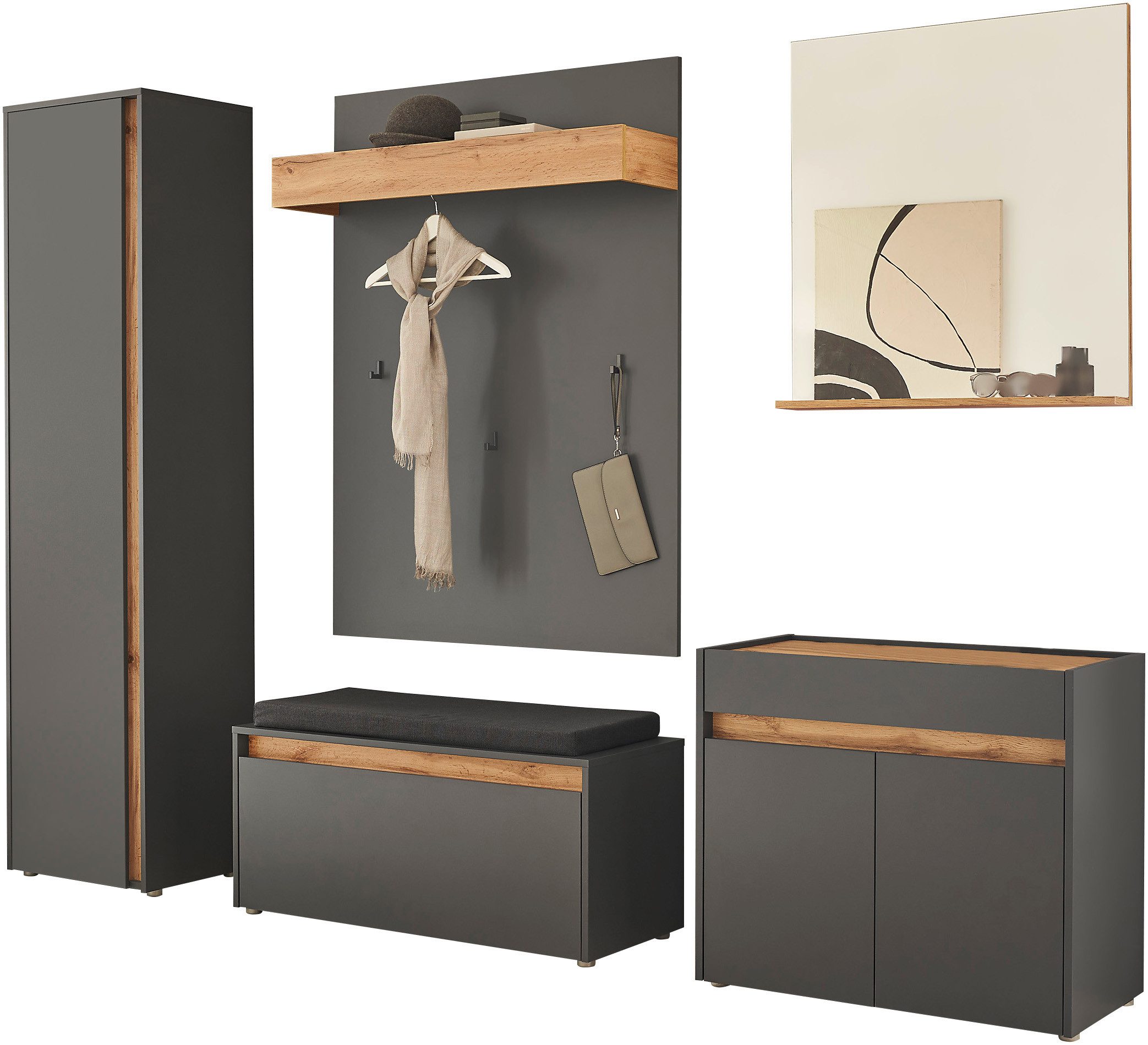 Home affaire Garderoben-Set GIRON/CiTY, moderne Garderobe, Komplettset mit viel Stauraum, (Komplett-Set, 5-St), enthält Schrank, Kommode, Spiegel, Paneel & Schuhbank +Sitzkissen