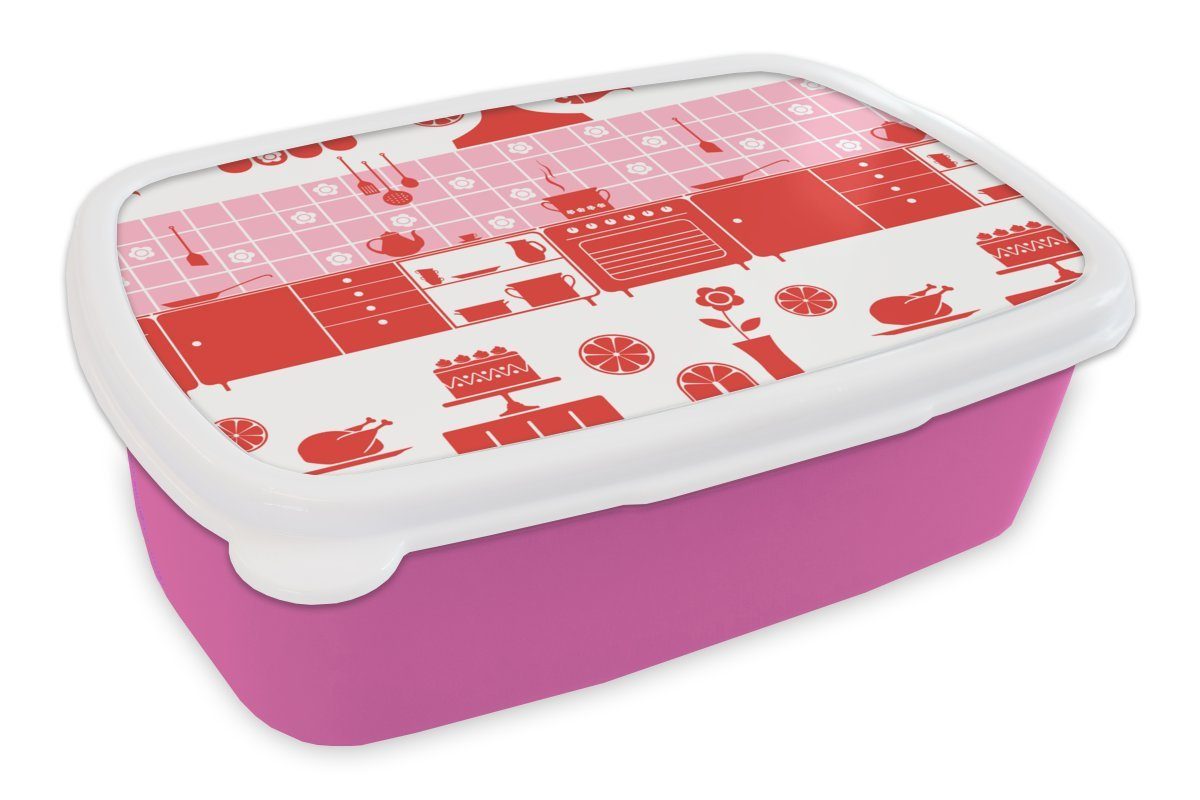 MuchoWow Lunchbox Muster - Pfannen - Design - Haus - Rosa, Kunststoff, (2-tlg), Brotbox für Erwachsene, Brotdose Kinder, Snackbox, Mädchen, Kunststoff