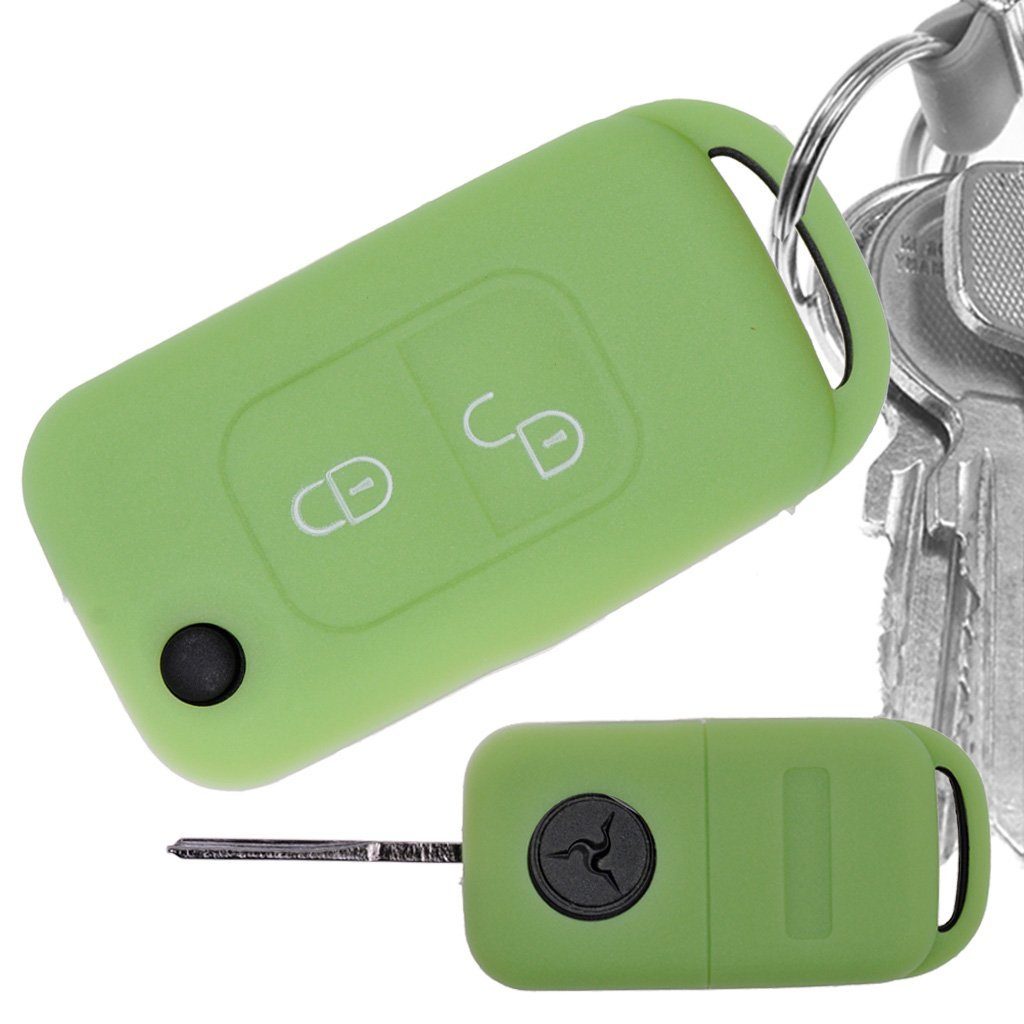 mt-key Schlüsseltasche Autoschlüssel Softcase Silikon Schutzhülle fluoreszierend Grün, für Mercedes Benz SLK A-Klasse R170 W168 2 Tasten Klappschlüssel