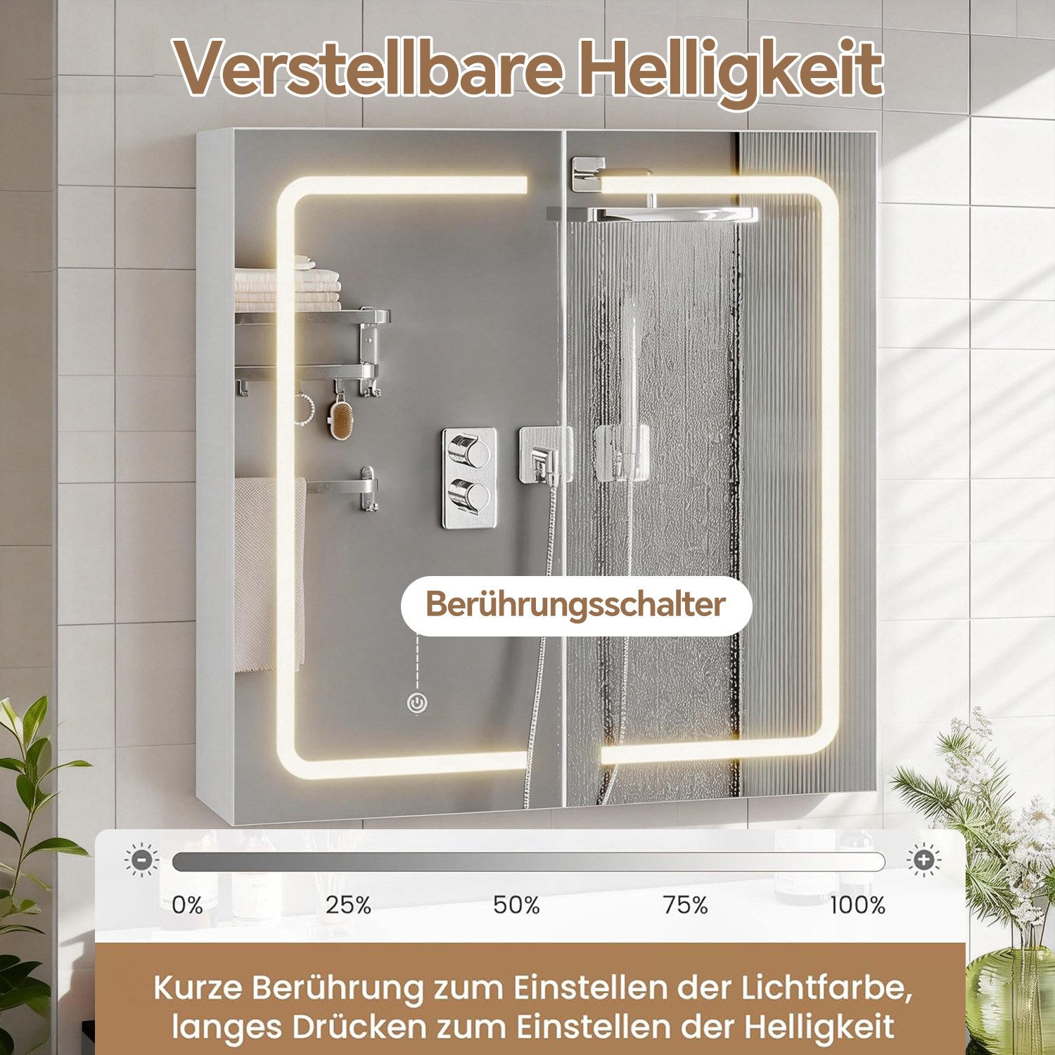 MSMASK Badezimmerspiegelschrank mit LED-Beleuchtung, Sensorschalter, 17 x 65 x 65 cm, Weiß (1-St) 2 Türen & verstellbare Ablage – Bild 4 von 5