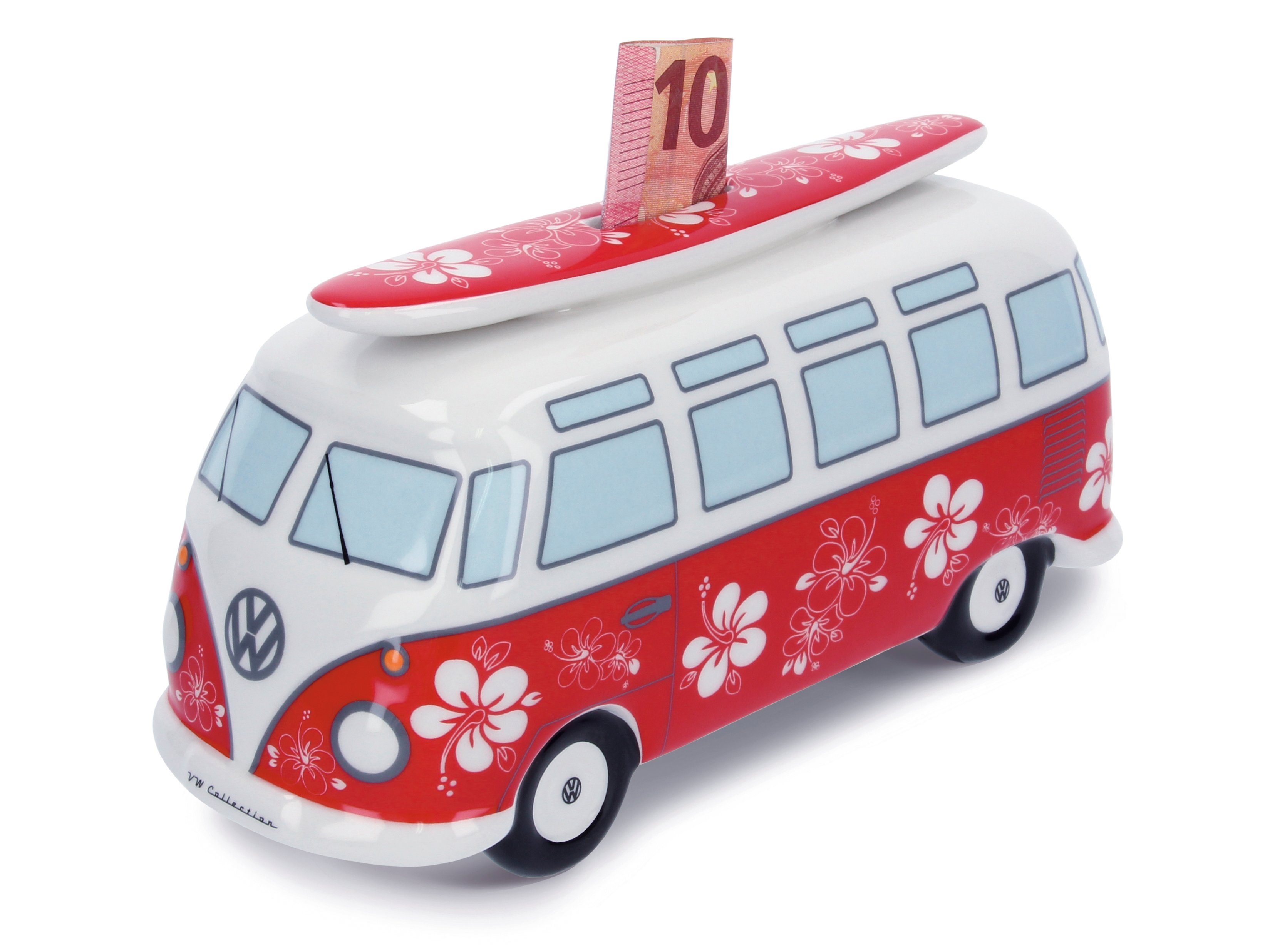 VW Collection by BRISA Spardose Volkswagen Sparschwein im T1 Bulli Bus Design mit Surfbrett, Geldbüchse aus hochwertiger Keramik