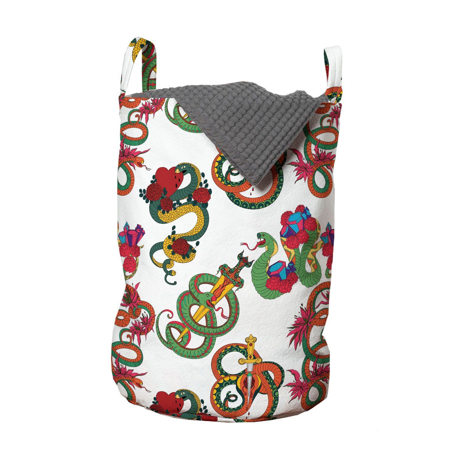Abakuhaus Wäschesäckchen Wäschekorb mit Griffen Kordelzugverschluss für Waschsalons, Drachen Blumen und Schlangen Ornament