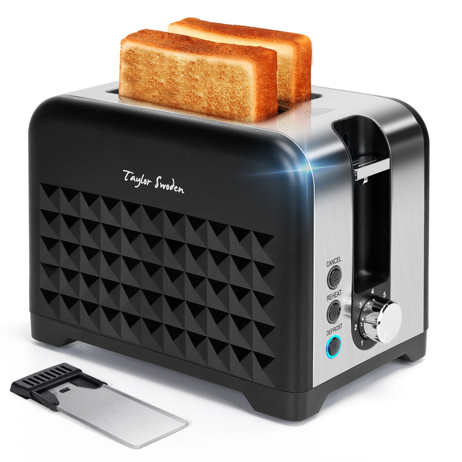 Taylor Swoden Toaster Crusty - Edelstahl Toaster mit 7 Einstellbare Bräunungsstufen, 2 lange Schlitze, für 2 Scheiben, 930,00 W, Auftaufunktion, Erwärmen, Brotzentrierung