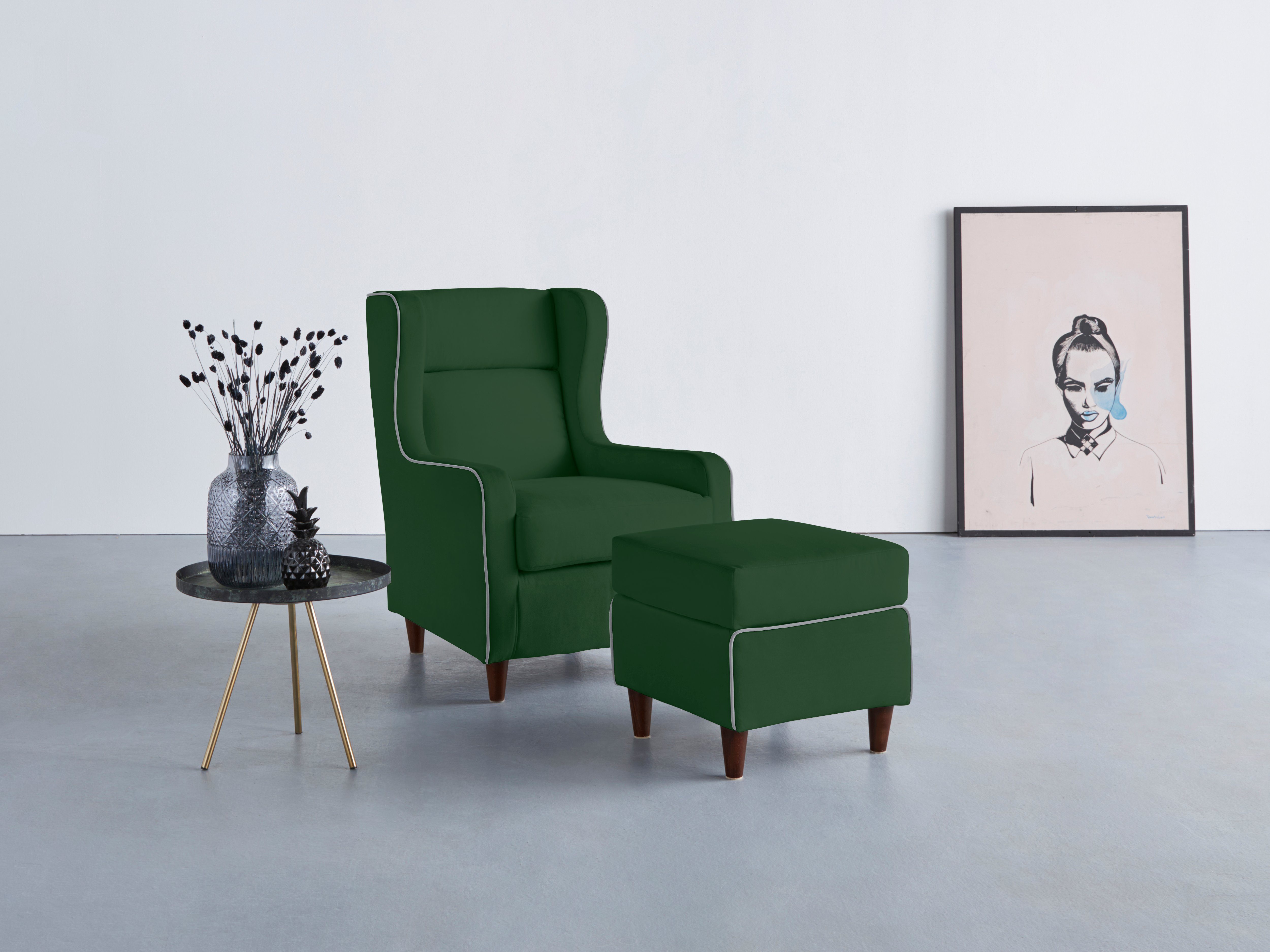 Home affaire Ohrensessel Rhada, B: 73 cm, Sitzhöhe: 46 cm, mit farblich abgesetztem Keder