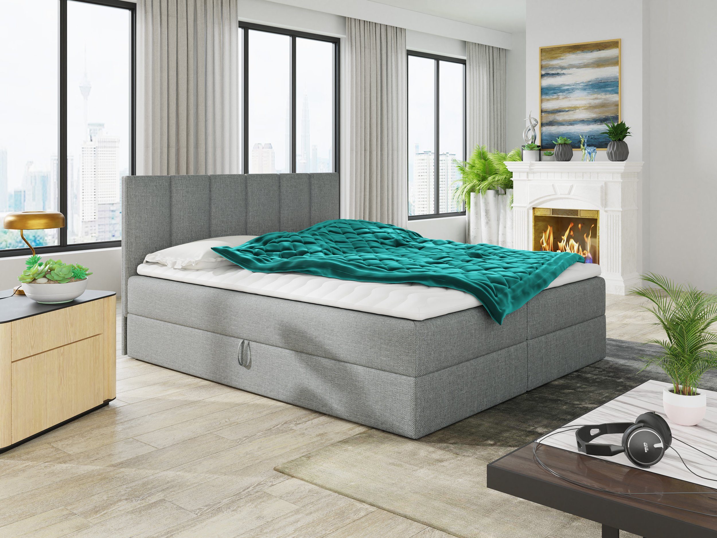 Sofnet Boxbett Star (mit zwei Bettkästen, Bonell-Matratze und Topper), Doppelbett, Polsterbett mit Kopfteil, Boxspringbett