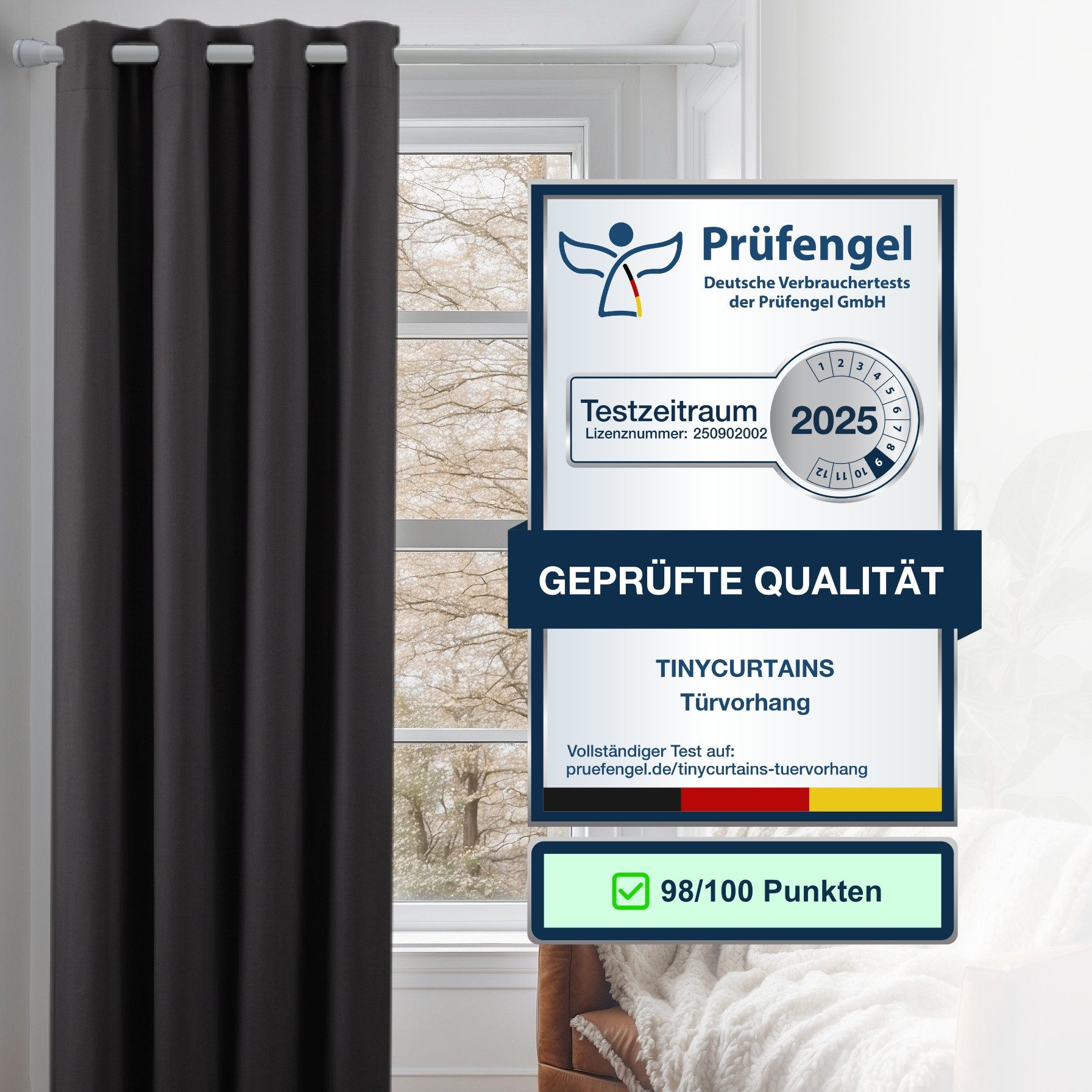 tinycurtains Türvorhang mit Stange weiß 55-90 cm ohne Bohren, Thermo Vorhang Tür, Ösen, abdunkelnd, Polyester, blickdicht, Schwarz Eclipse, Türgardine mit Klemmstange verdunkelnd