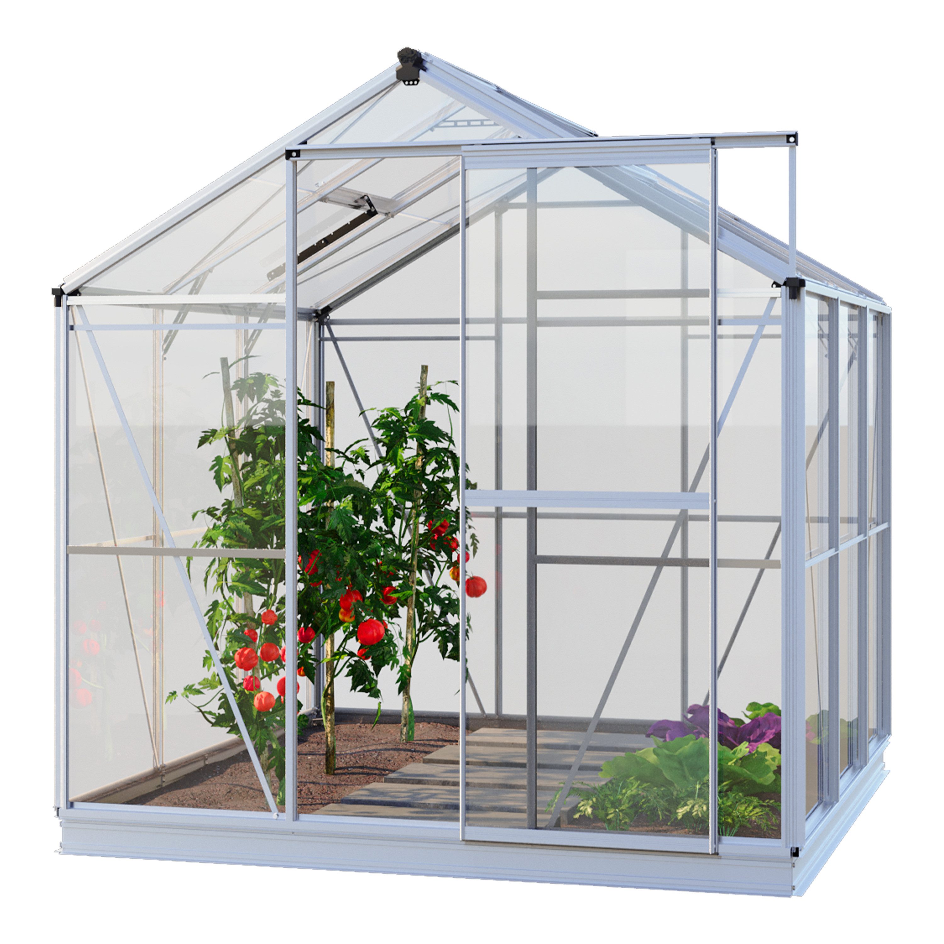 GFP Gewächshaus Opal 3 Glasgewächshaus mit Aluminium-Rahmen 192 x 192 x 192 cm, 4 mm Wandstärke, inkl. Fundamentrahmen und automatischem Fensteröffner