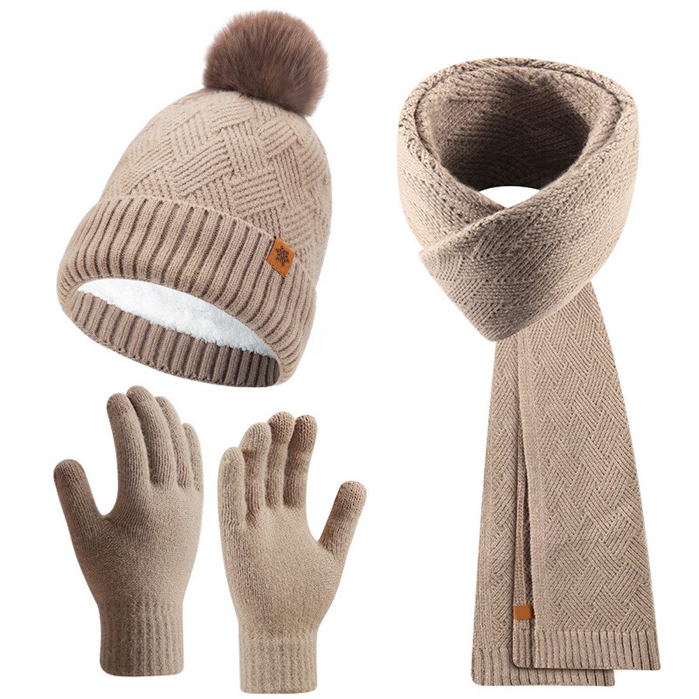 Oemmn Mütze & Schal Damen Winterset 3-teilig, Mütze Schal Handschuhe Set (3-tlg) mit Bommelmütze und Touchscreen-Funktion, Warm gefüttert
