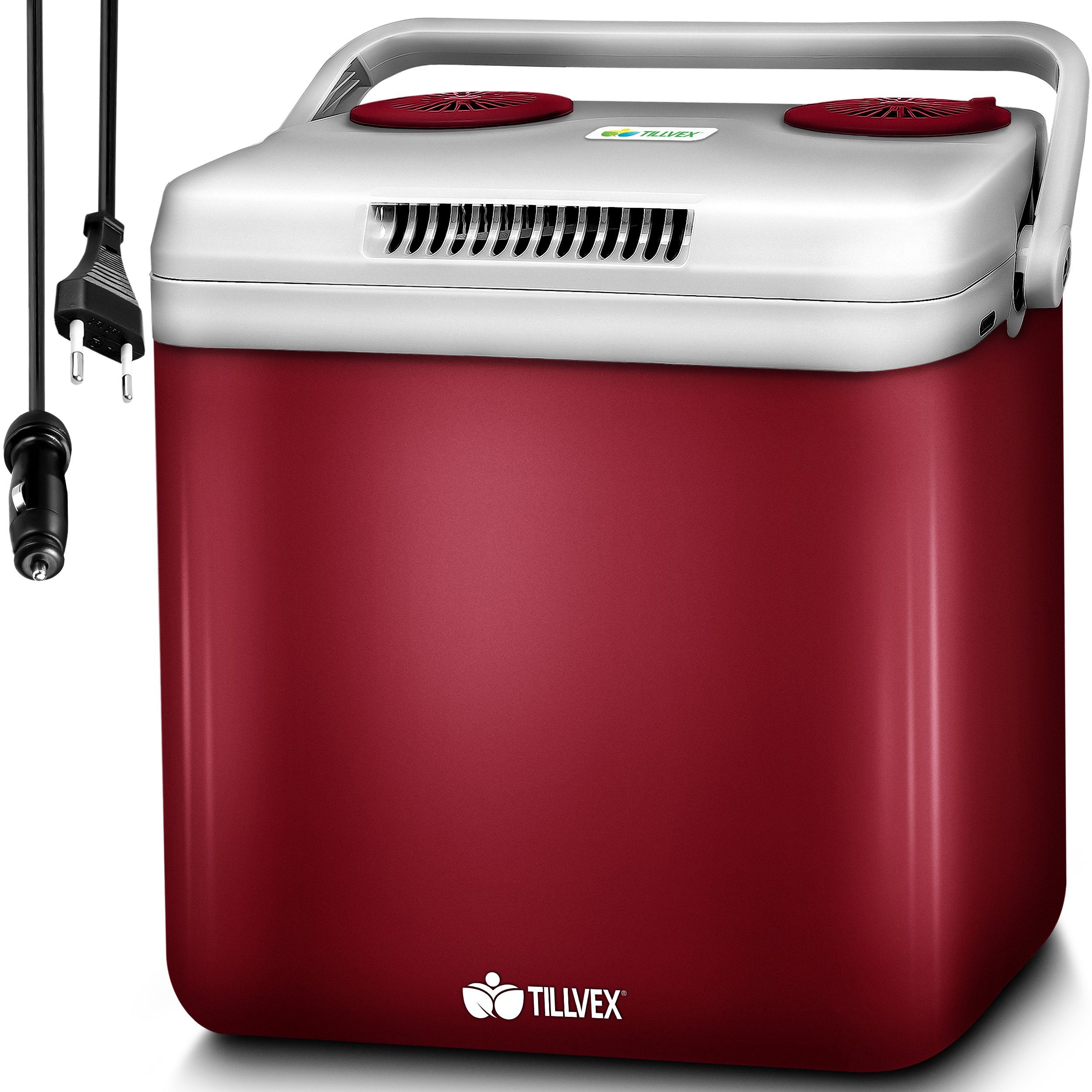 tillvex Kühlbox Kühlbox elektrisch 32L Mini-Kühlschrank, 230 V und 12 V für KFZ Auto Camping Rot