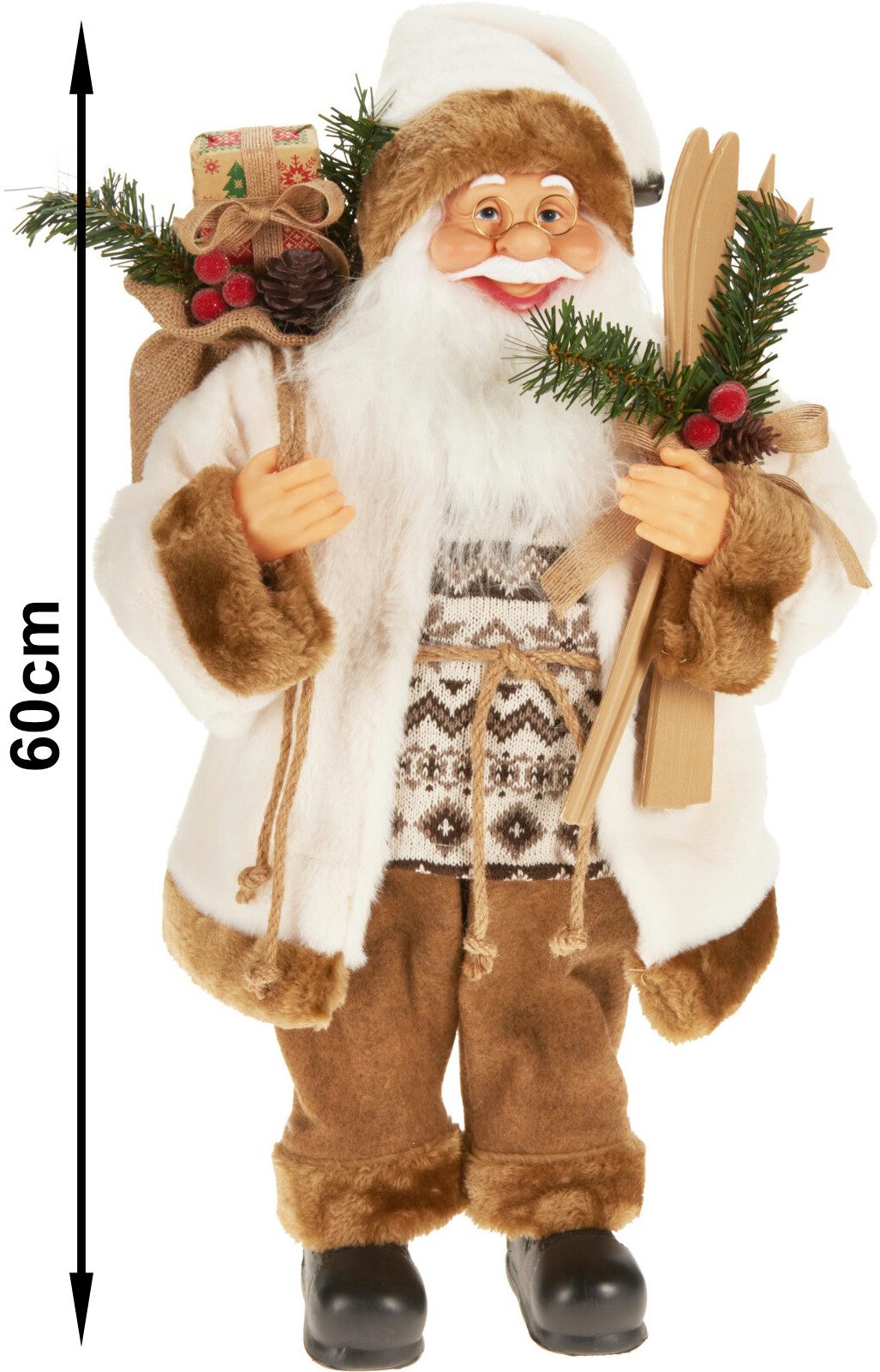 Koopman Weihnachtsmann Weihnachtsfigur Weihnachten XL 60cm Braun Polyester (1 St), 60x30x12cm, Geschenkebeutel, Detailreich, Skier, Kunststoff