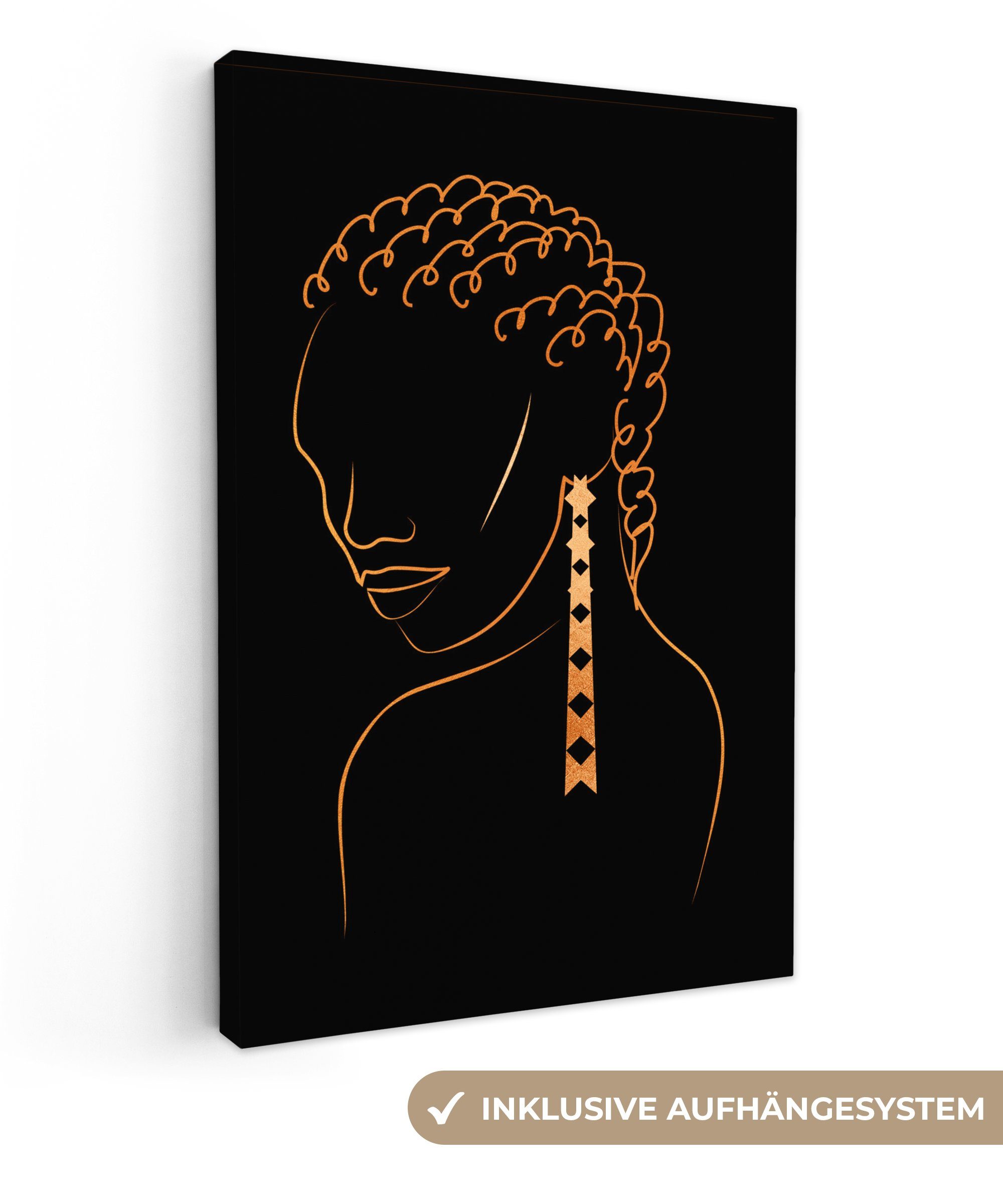 St), 20x30 Leinwandbild Zackenaufhänger, Strichzeichnung, Frau cm Leinwandbild inkl. Gemälde, bespannt OneMillionCanvasses® (1 - Ohrring Gold - fertig -