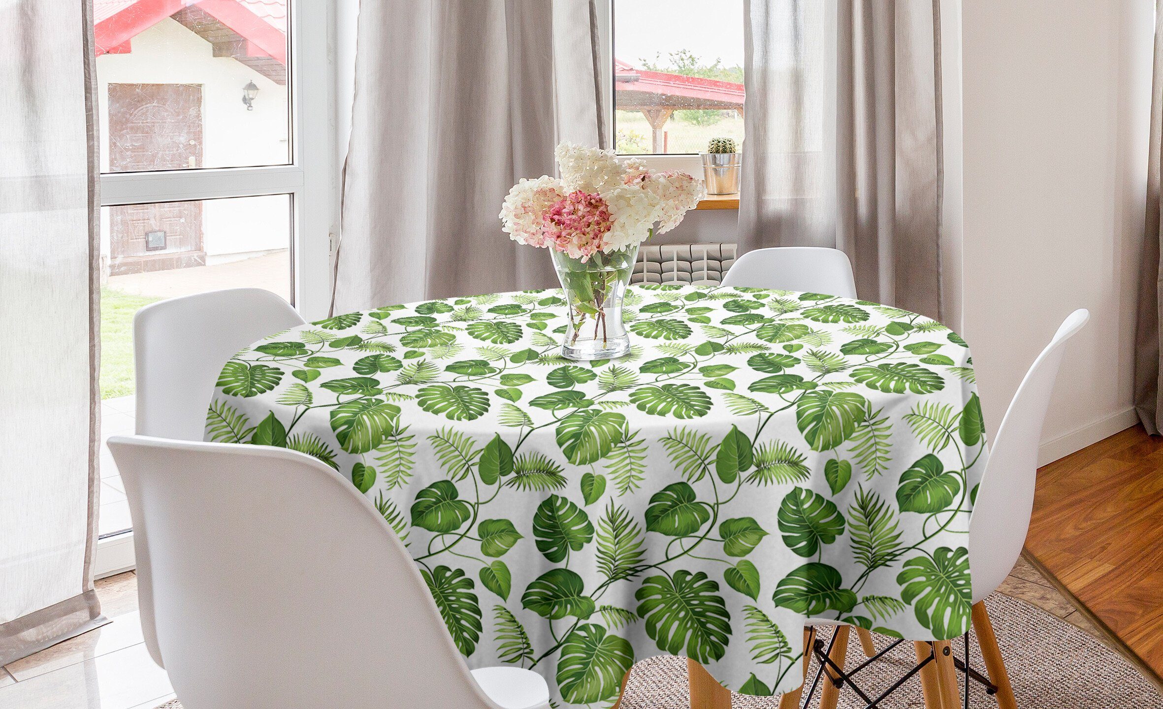 Abakuhaus Tischdecke Kreis Tischdecke Abdeckung für Esszimmer Küche Dekoration, Blätter Monstera und Farnlaub