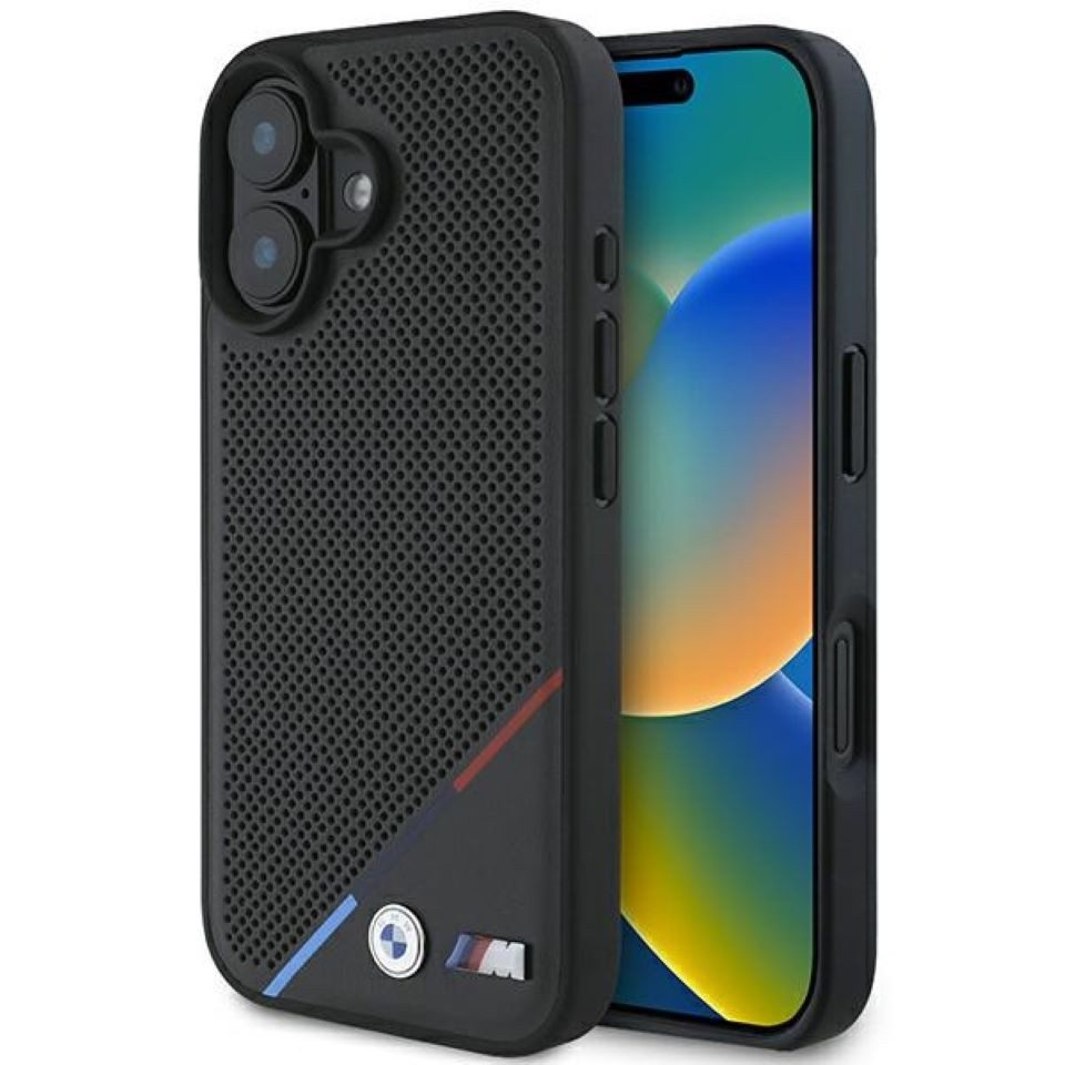 BMW Handyhülle iPhone 16 Kunstleder Tricolor schwarz MagSafe Logo Meta 6,1 Zoll, Kantenschutz