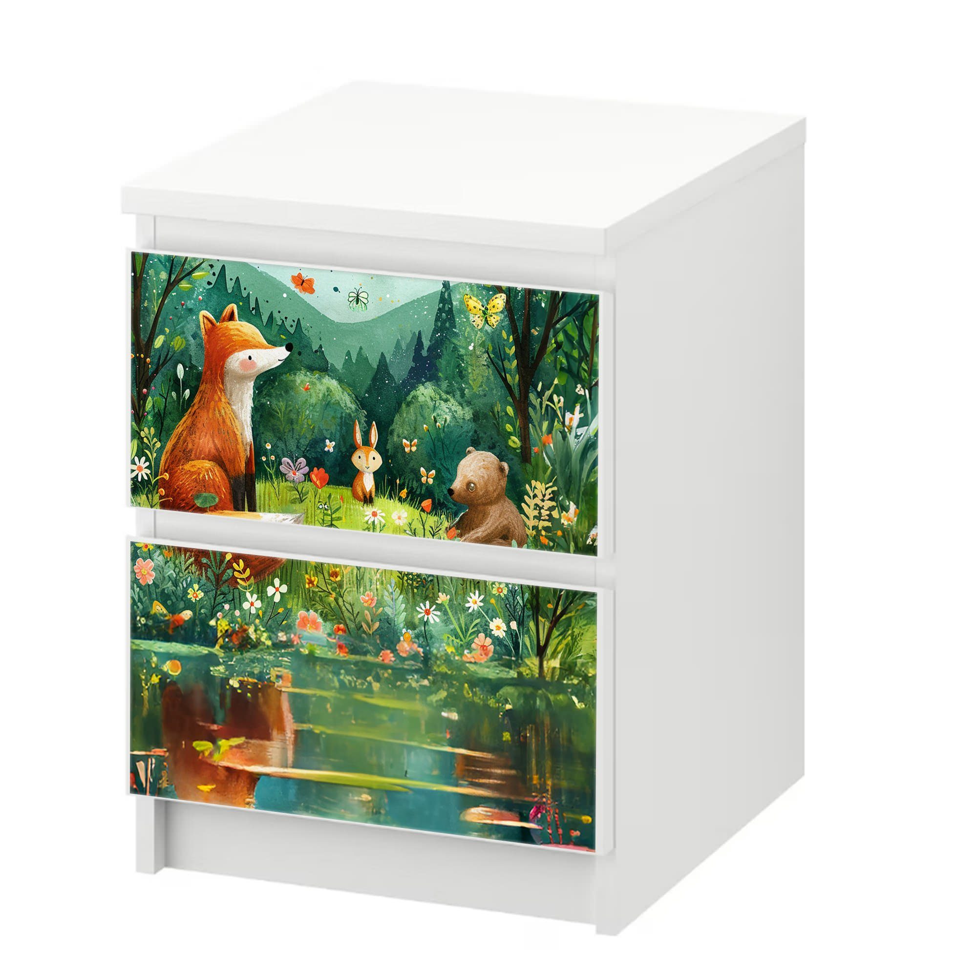 Sunnywall Möbelfolie passend für IKEA Malm Kommode Schrankfolie Aufkleber Waldtiere am See, blasenfreie selbstklebende Folie (SCHRANK NICHT INKLUSIVE)